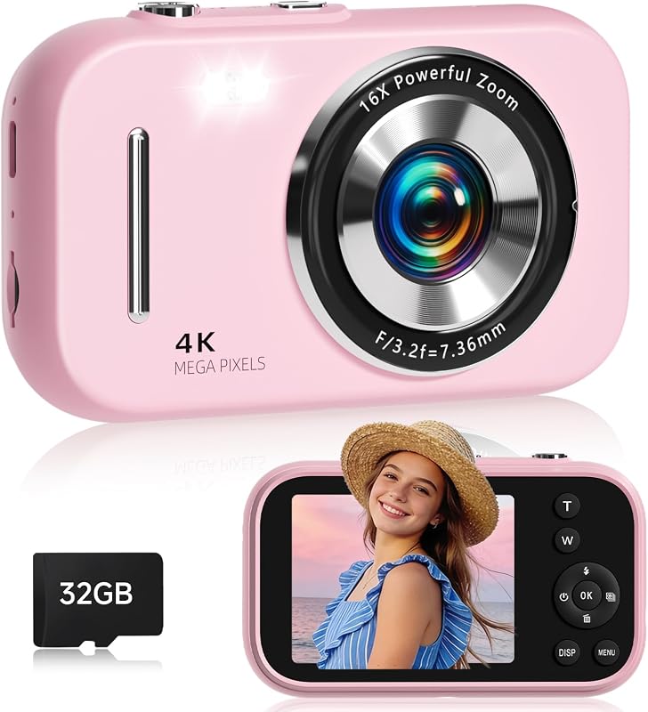 Digital Camera for Teens, 4K Point and Shoot Compact Camera with Vintage Filters, Mini Vlogging Camera Gift for Kids Students Beginners, Includes MP3 Function & 32GB Card (Pink)