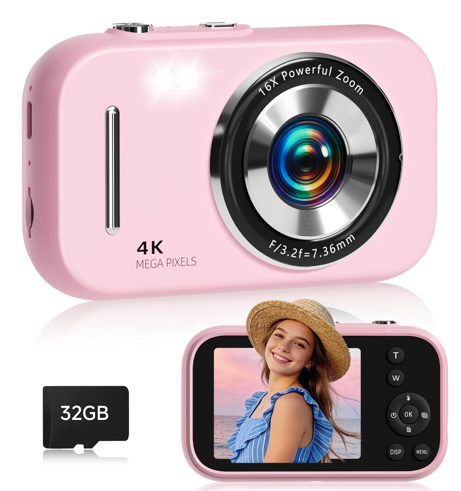Y2K Retro Digital Camera for Teens, 4K Point and Shoot Compact Camera with Vintage Filters, Mini Vlogging Camera Gift for Kids Students Beginners, Includes MP3 Function & 32GB Card (Pink)