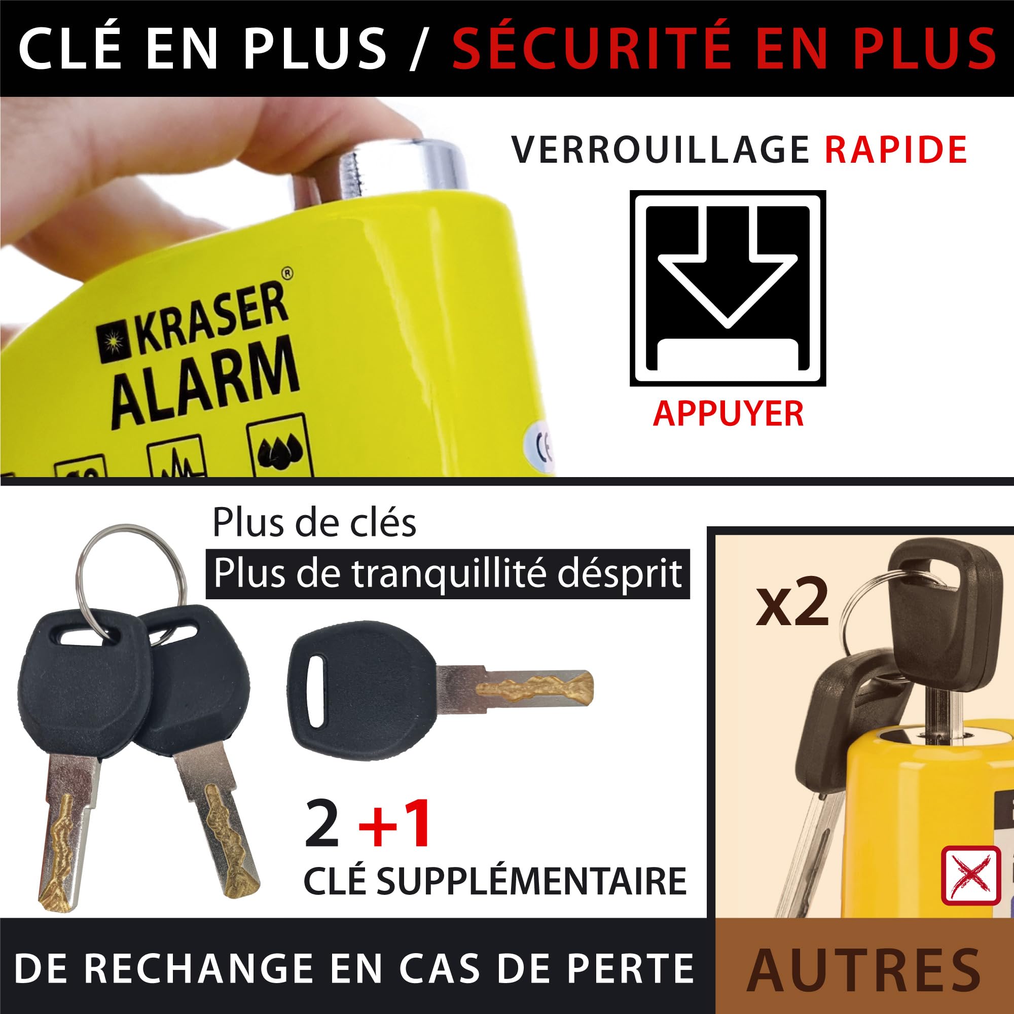KRASER WA6Y Antivol Moto, Bloque Disque Alarme 110db, Renforcé, 3 clés (2 autres) Serrure Haute Sécurité, Étanche, Câble Rappel 1.5m, Sac, Piles Rechange, Bloc Frein 6mm Universel Moto Scooter Vélo