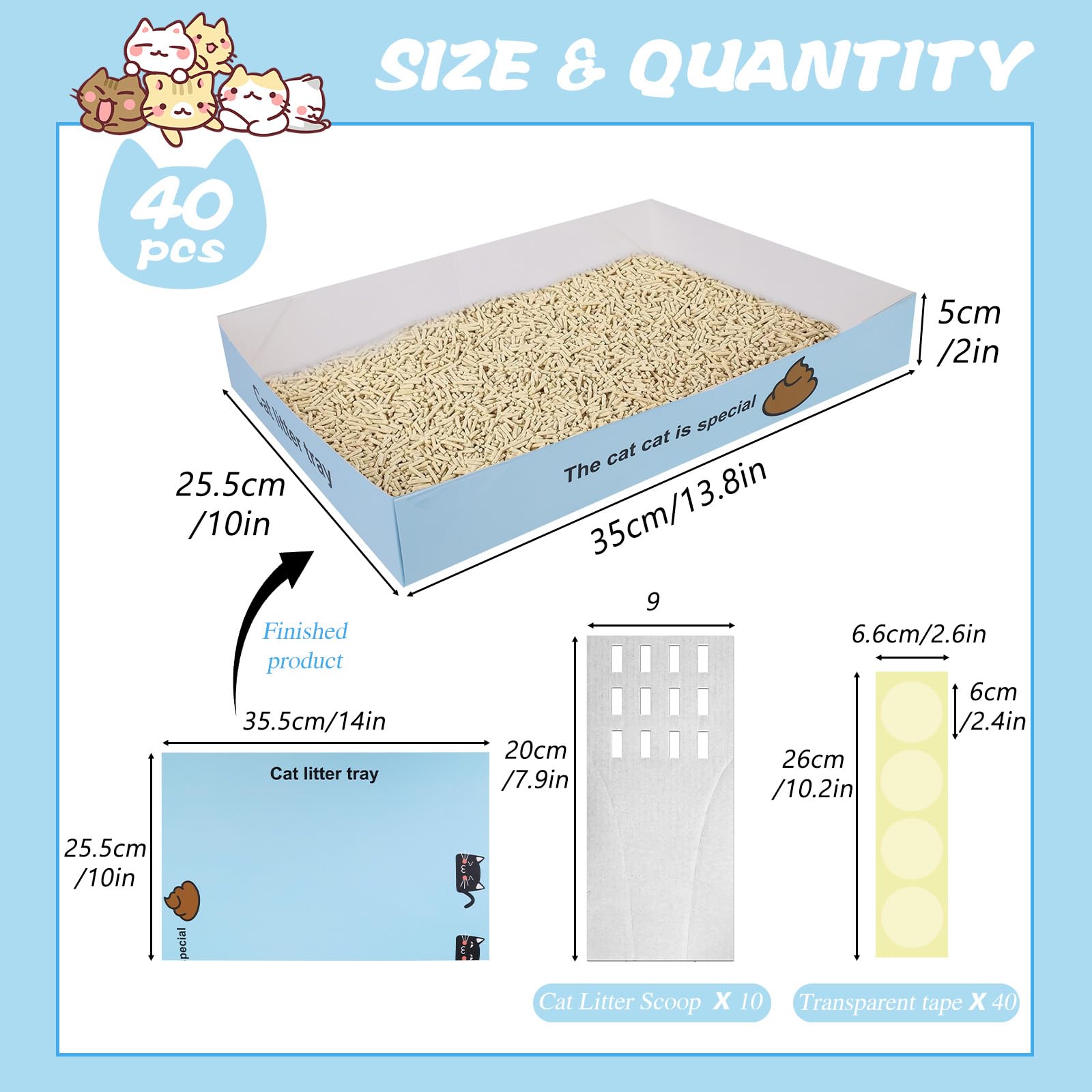 40Pcs bacs à litière jetables pour chat Plateau à litière pliable et portable avec 10 scoops à litière, 35 × 25,5 × 5cm petits accessoires pour chat pour voyager