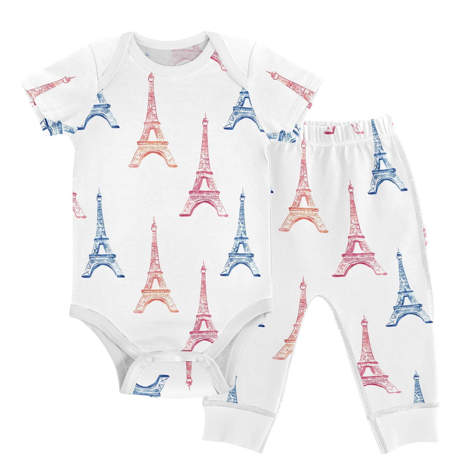 vvfelixl Colorful Eiffel Tower Baby Bodysuits Set,Baby Layette Sets Unisex Short Sleeve Babys Pants Sets 6-9M
