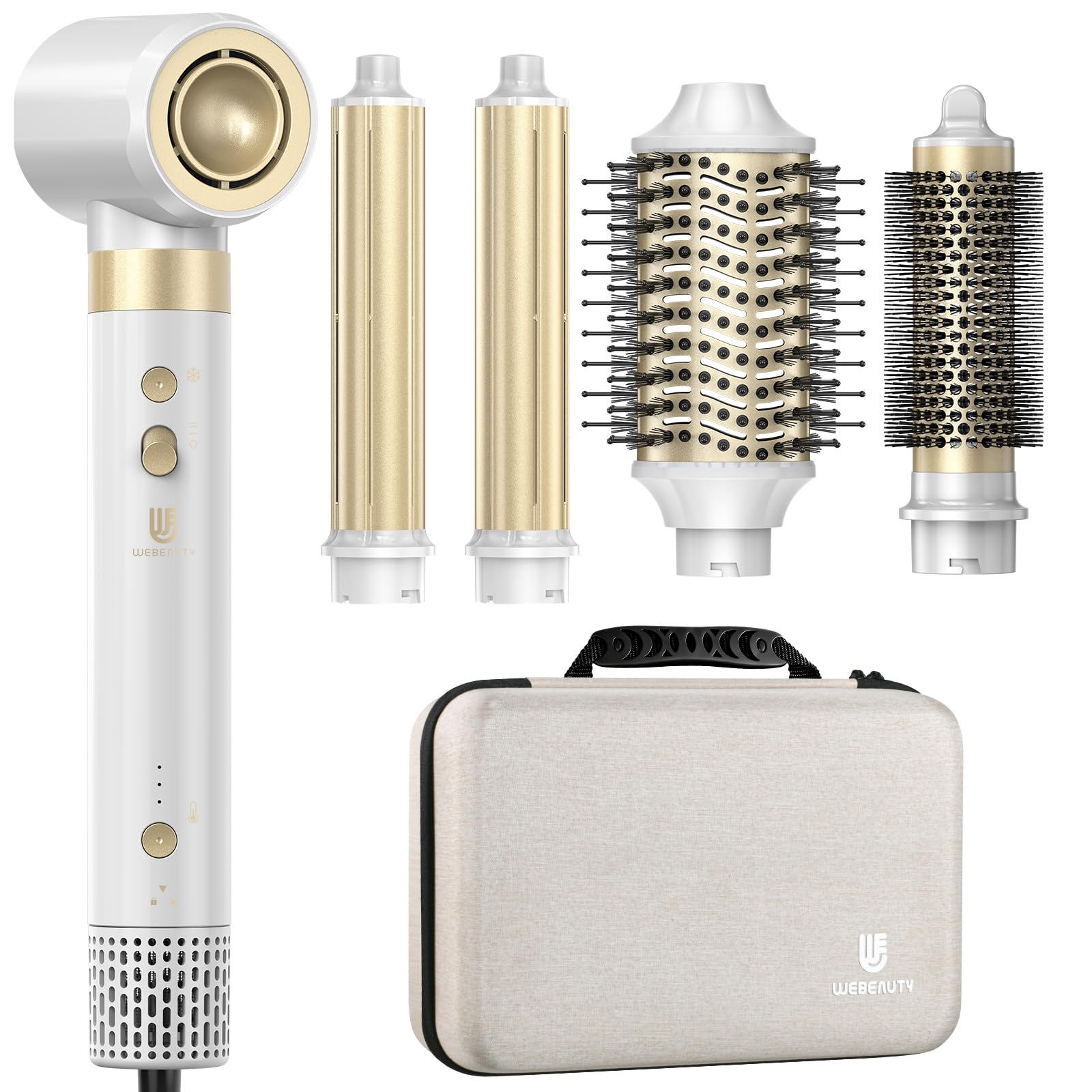 webeauty 6in1 Hairstyler, 110,000U/Min,25M/S Hochgeschwindigkeit Föhn mit Föhnbürste, Rundbürstenföhn, Air Auto Lockenstäbe, 500 Millionen Negative Ionen Airstyler für Haarstylen, Weiß