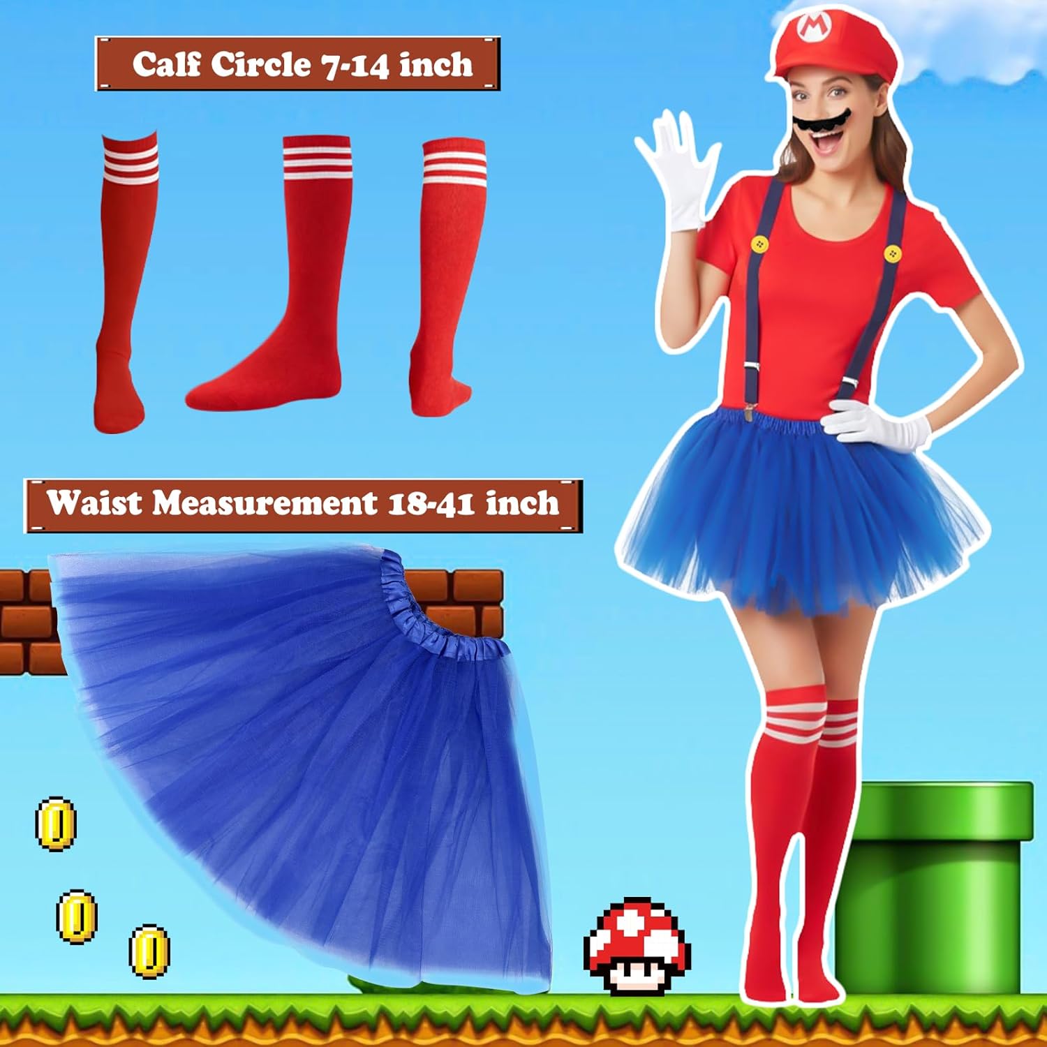 4Pcs Super Sisters Style Costume Accessories Set - Color Character Hats, soccer socks, Mustaches, tutu skirts, Gloves & Buttons for 4 Person Group Halloween Cosplay Party