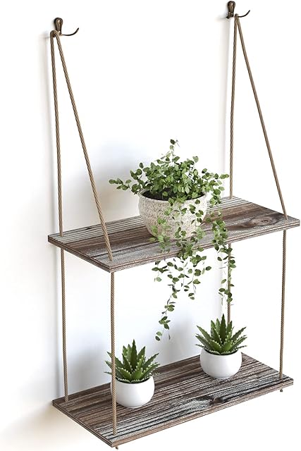 J JACKCUBE DESIGN Hanging Shelves Wall Plant Shelf Floating Shelves with Rope for Bedroom Bathroom Living Room Farmhouse Boho Room Decor, Triangle Rope Rustic Wood Display Shelf(Set of 2) - MK555AA