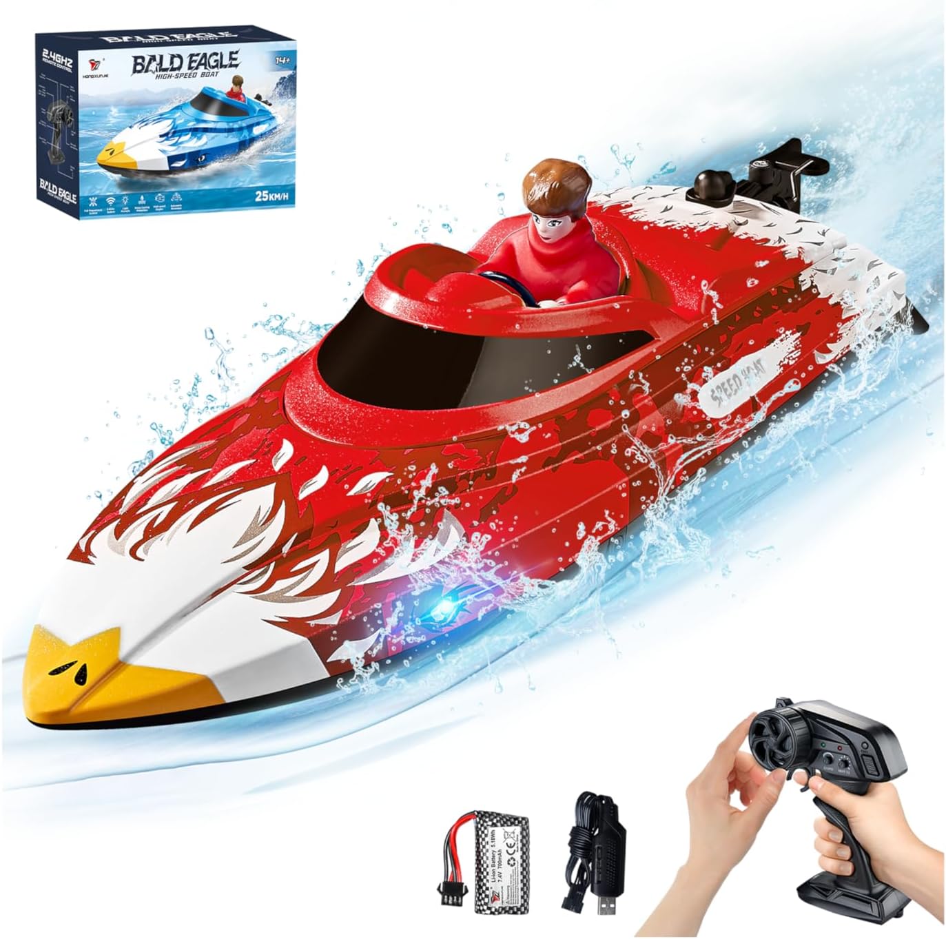 25KMH RC Remote Control Boat with LED Lights, Self-Righting, Low Battery Alert, 2.4GHz, with 800 mAh Lithium battery, Waterproof Electric Fast Speed Boat for Pool & Lake, Toy for Boys Girls, Red