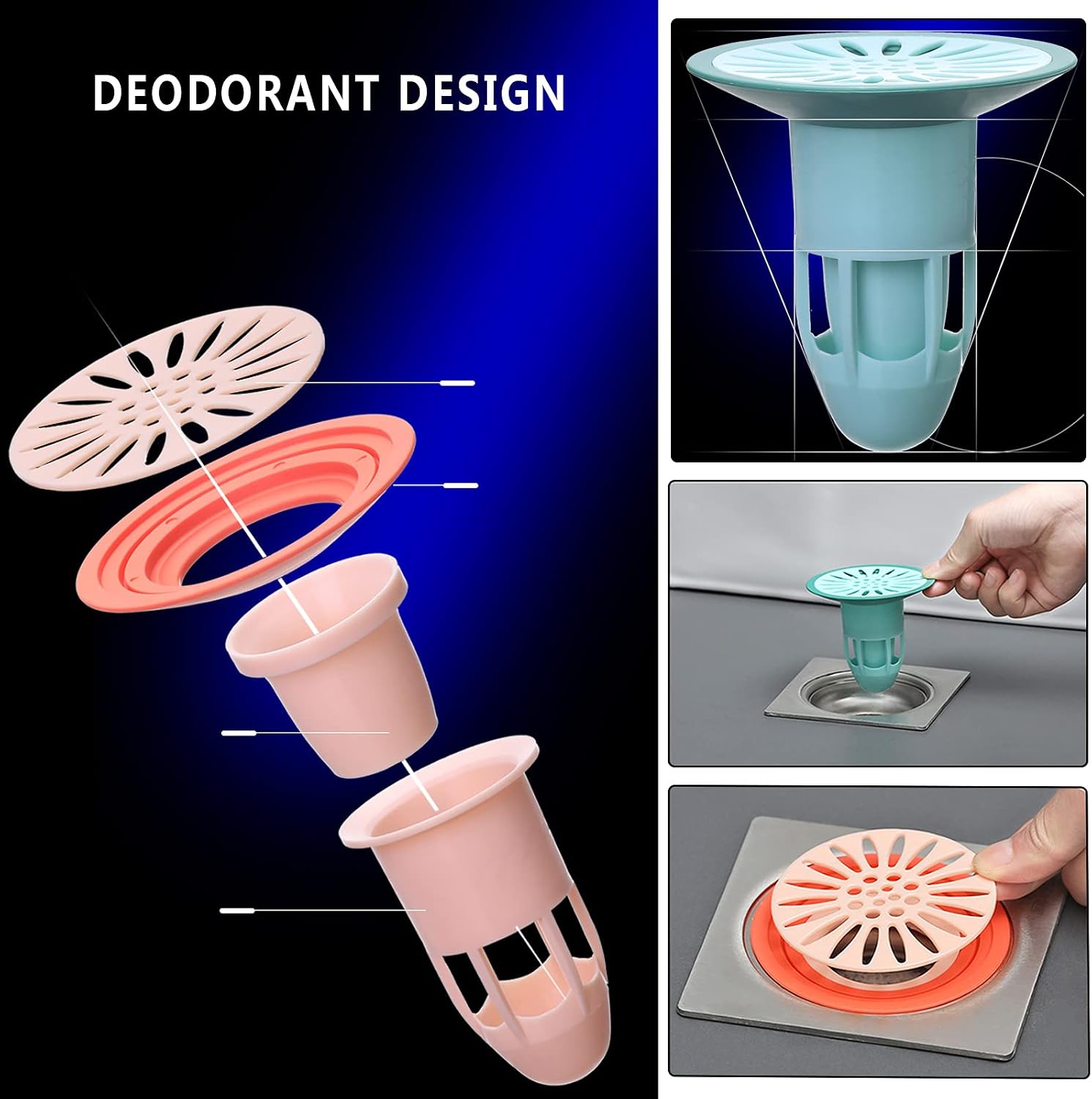 Shower Floor Drain Backflow Preventer Valve Sewer Core Drainage Insert Drain Plug Hair Catcher Gas Sealer Floor Strainer Trap Seal (Black-2Pack)