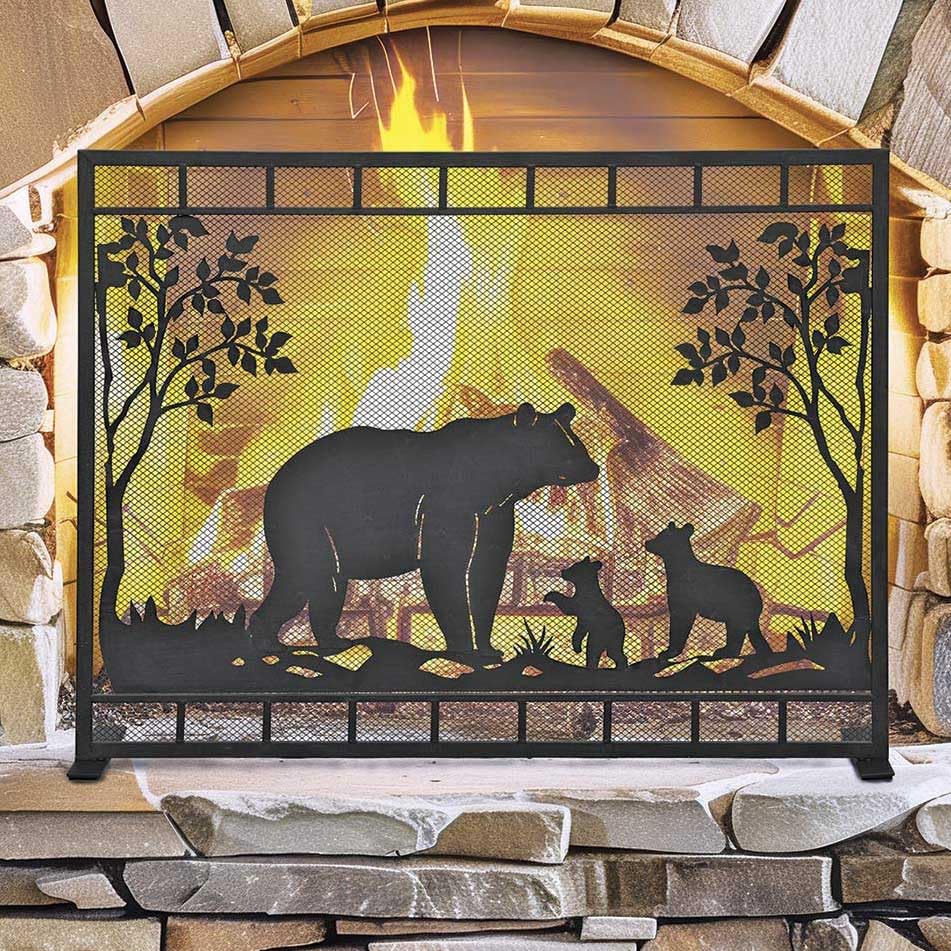 Rustic Bear Cutout Fireplace Screen - 3-Panel Foldable Metal Screen With Mountain Scenery, Black - View #12
