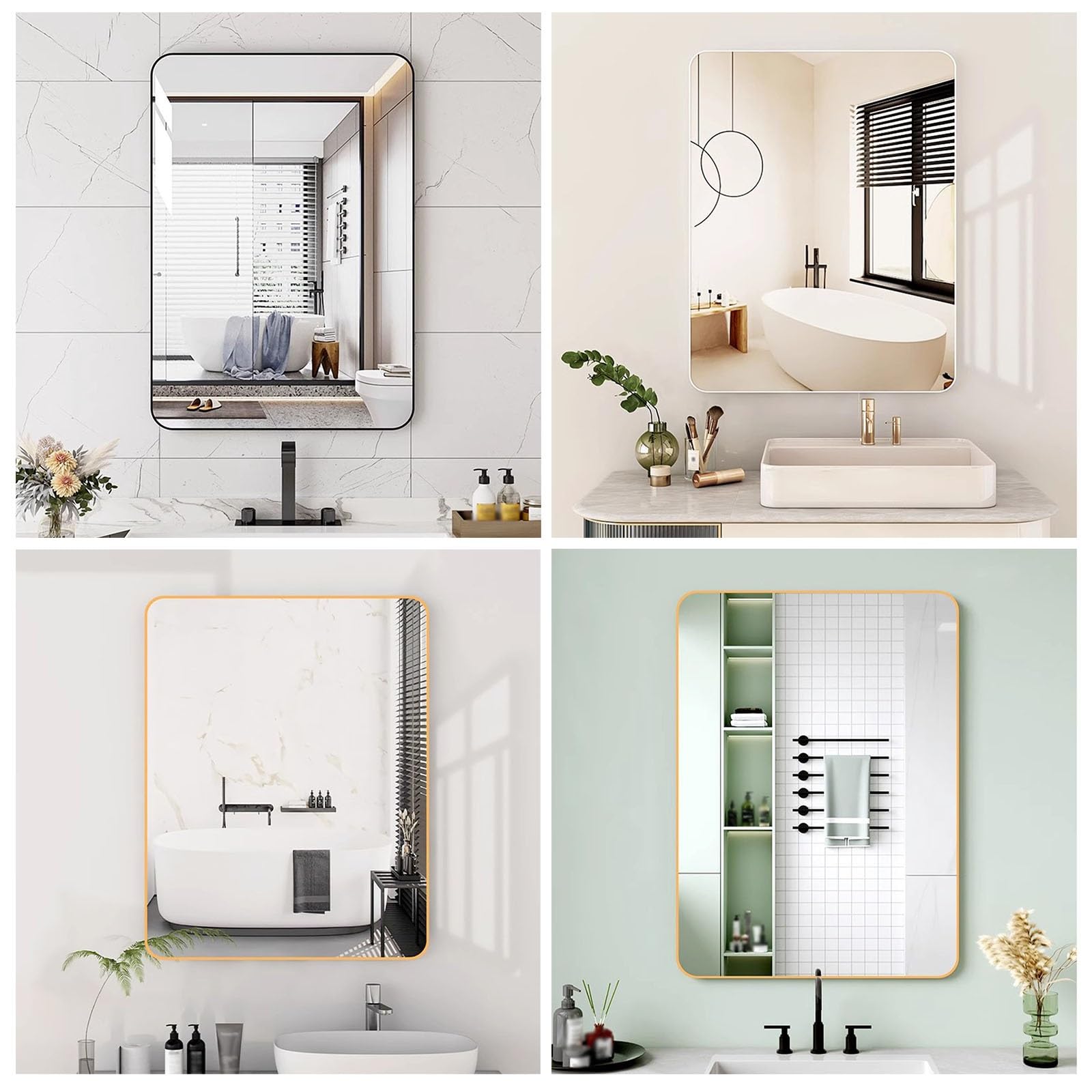 Espejo de Baño 70x90, Espejo Decorativo de Pared con Marco de Aluminio, Espejo de Esquina Redonda Sin Iluminación - Plata Blanca, 30x40cm, Ideal para Salón y Baño.