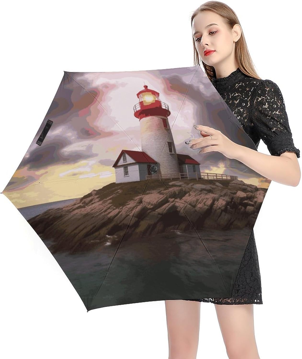 Lighthouse Printed Exterior 5 Fold Umbrella,Windproof Travel Umbrella for Sun Protection, Small Portable,Compact Umbrellas for Travel, Purse Or Backpack
