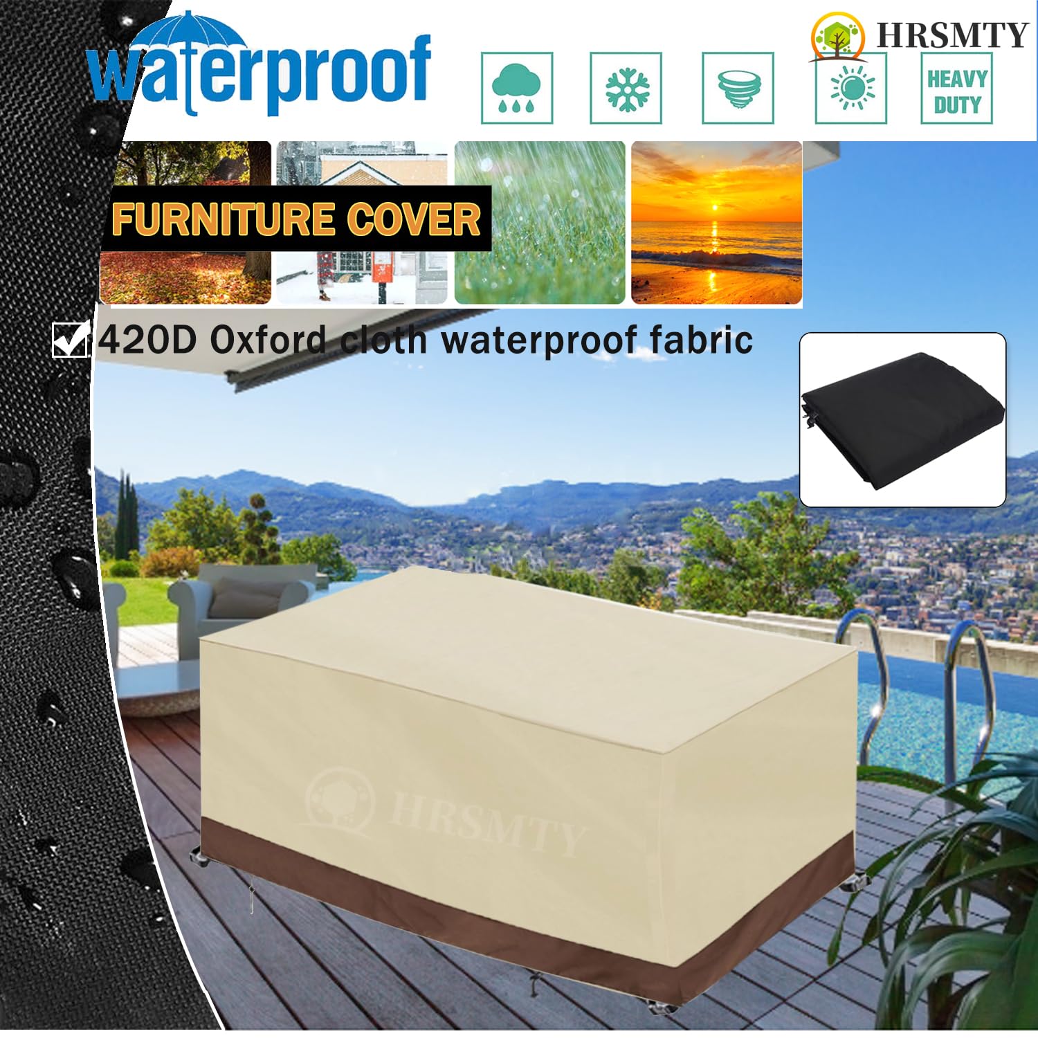 Copertura per Mobili da Giardino Rettangolare, 420D Oxford Coperture per Tavoli da Giardino Esterno, Copritavolo Tavolo Impermeabile Anti-UV, per Cortile Tavoli Sedie