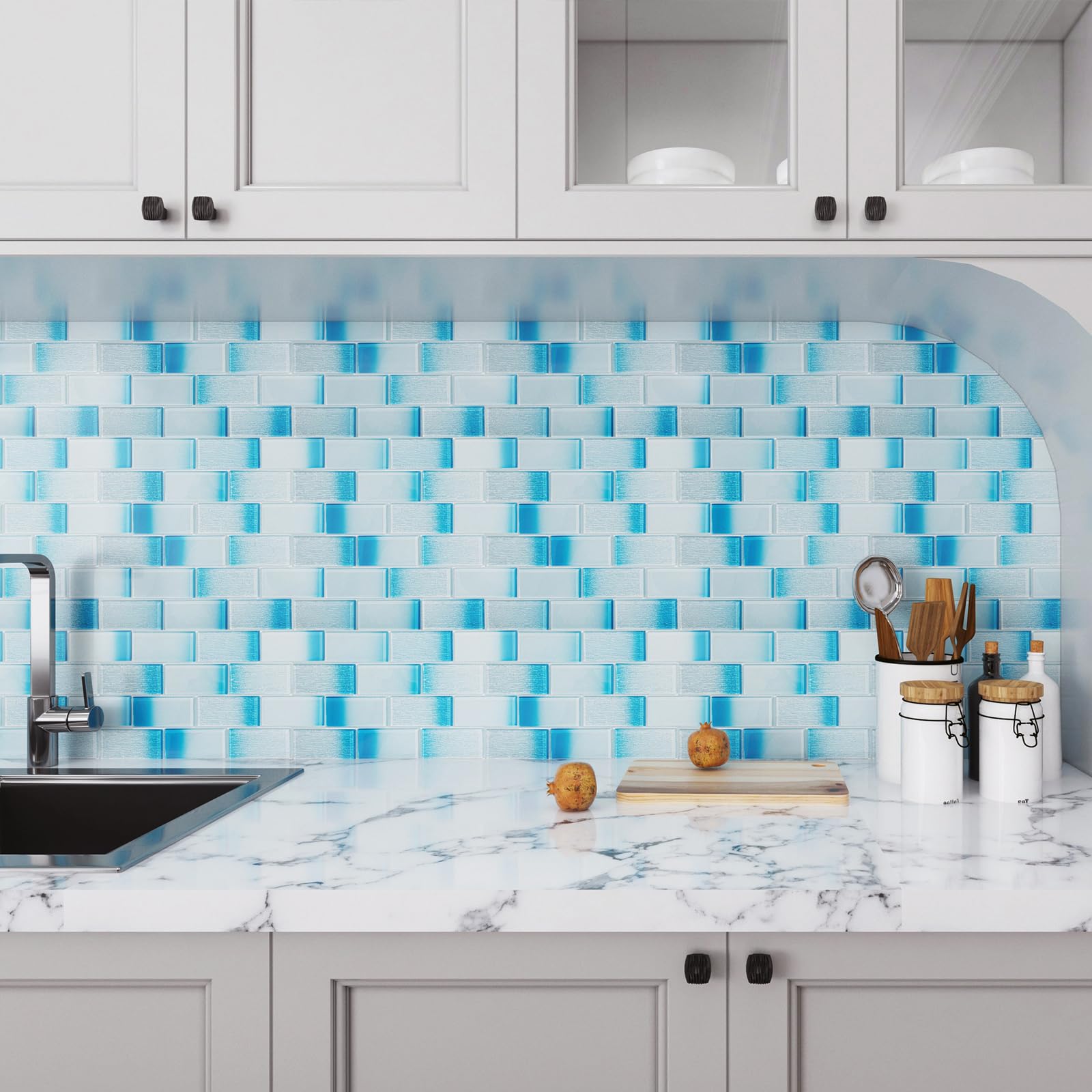 Lovdeco Lot de 5 feuilles de mosaïque de métro en verre, dosseret bleu