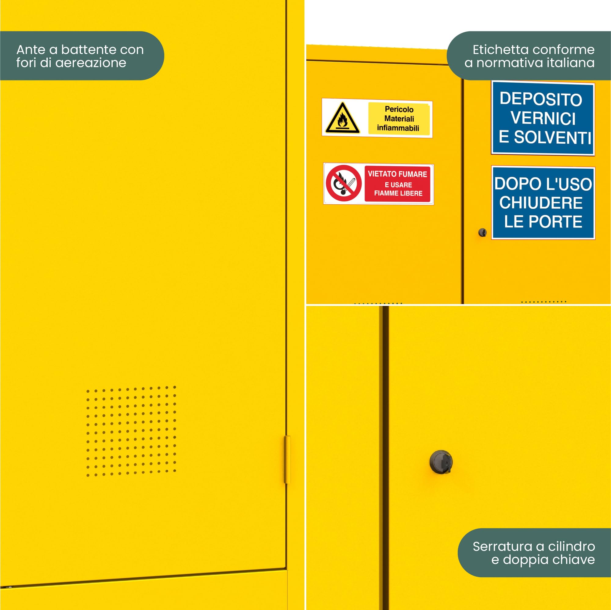 XLOCKERS Armadio Deposito Liquidi Infiammabili in Metallo per Stoccaggio e Protezione di Sostanze Pericolose, 3 Ripiani, Giallo RAL 1003, 100x45x100 cm, Made in Italy