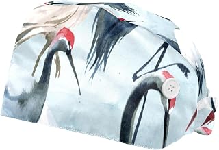 2 Pieces Working Hat with Buttons Adjustable Sweatband Bouffant Hats Unisex Tie Back Hats Pink Grey Paint Crane Pattern