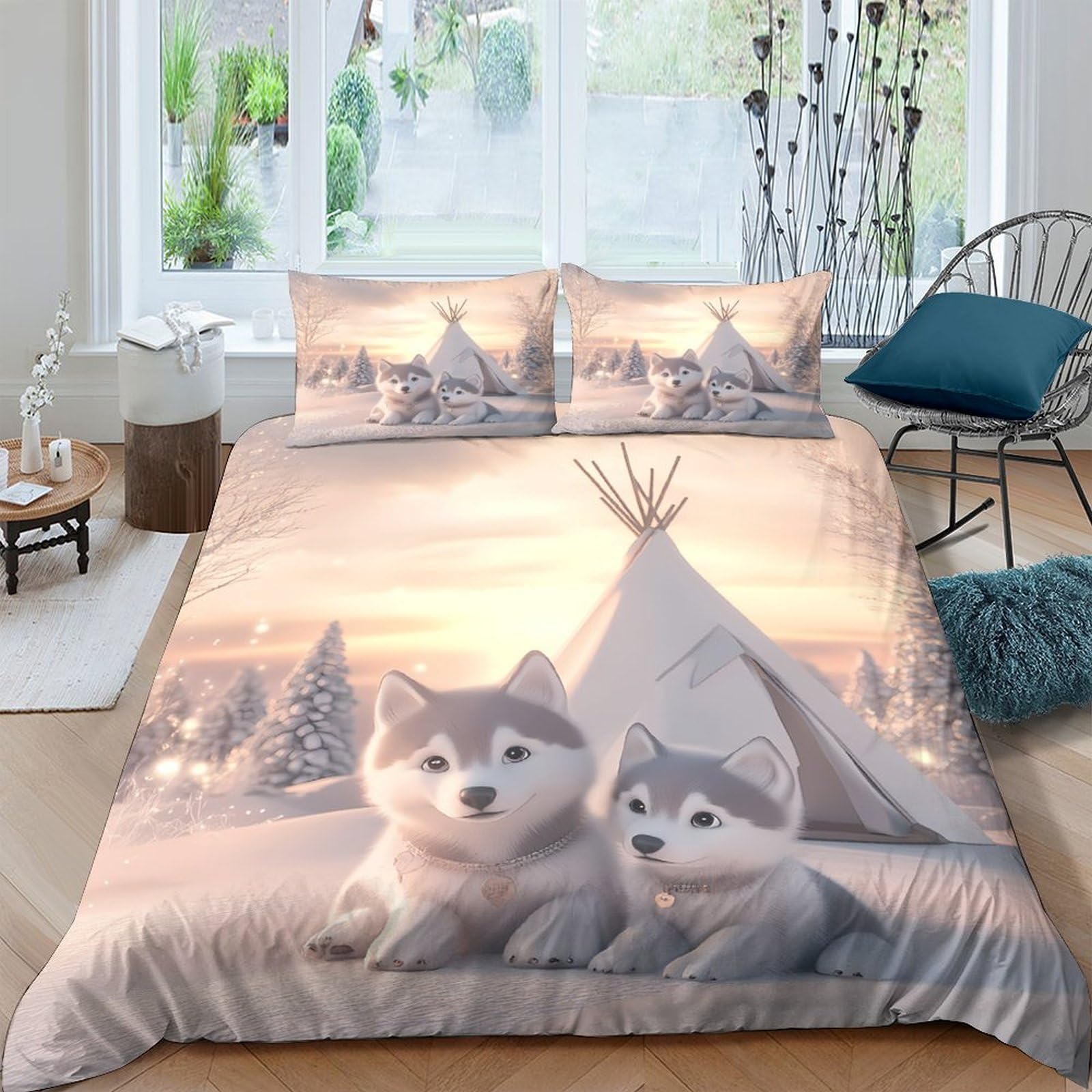 Ctjqhvkz Style-4 3D Printed Husky Puppy Fitted Sheet Microfiber Soft Animal Tent Bed Cover For Bedroom Guest Room Decor Mattress Protection Single（135X200cm）