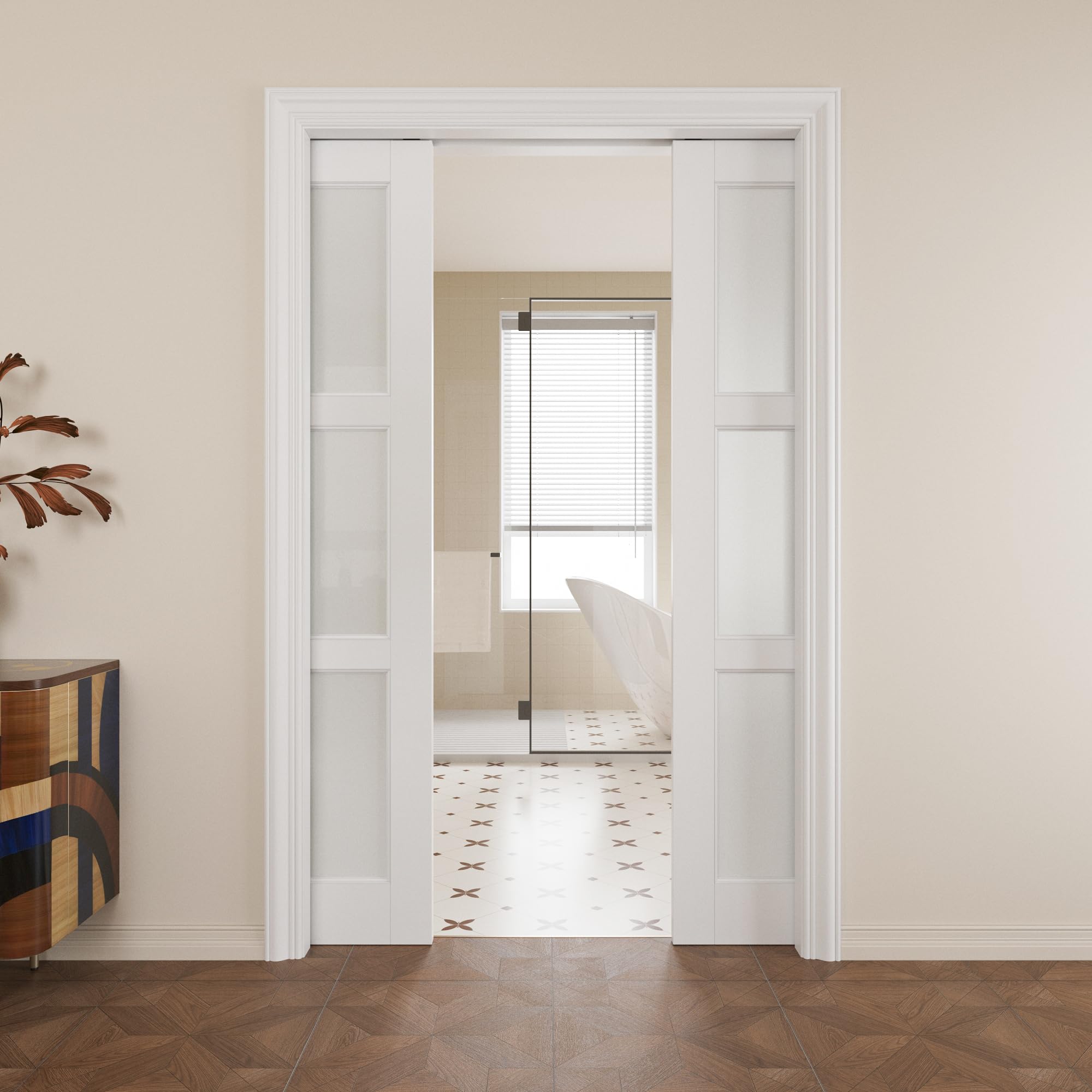 Pocket Door,3-Lite Frosted Glass Doors,Solid Door,36 x 80 Door