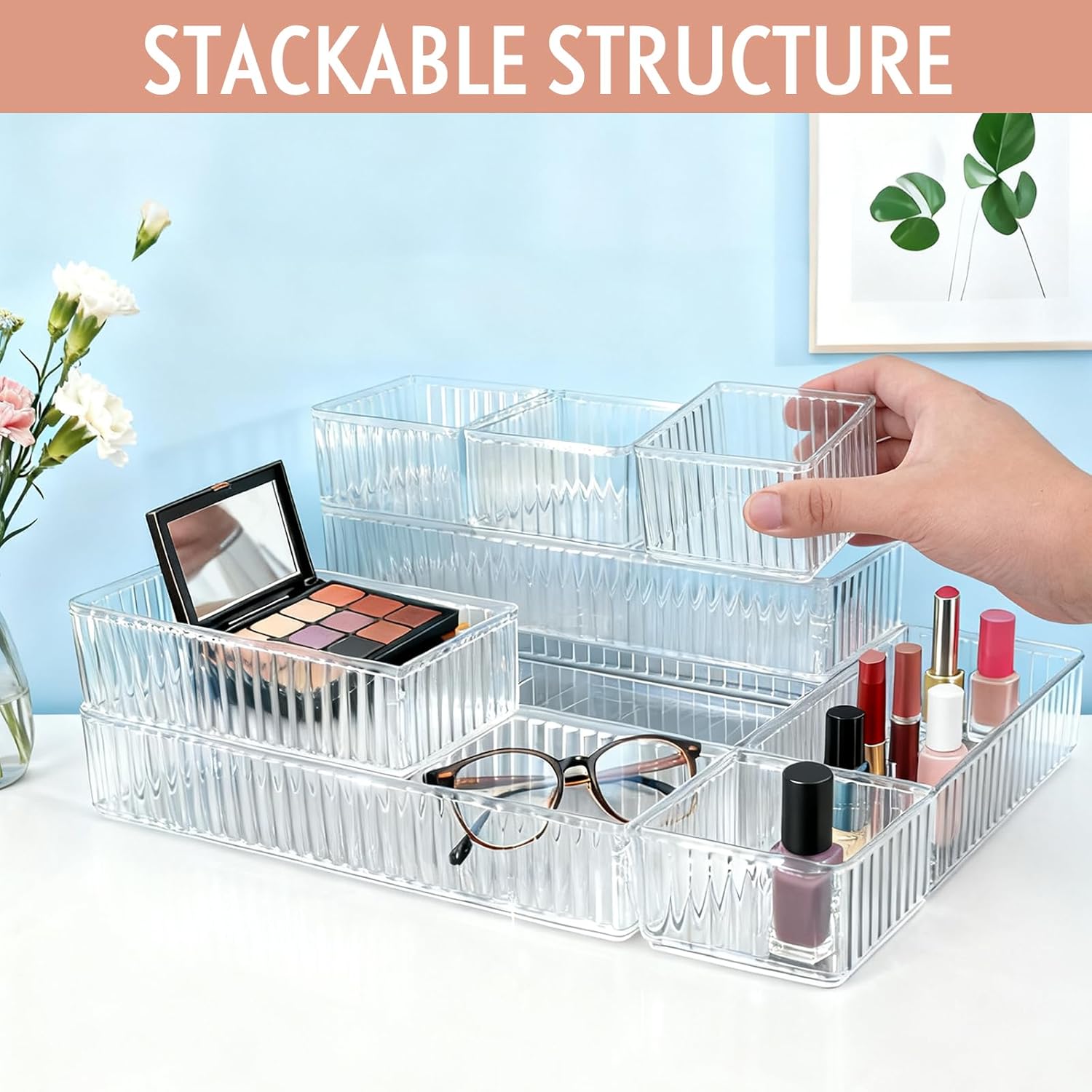 20 Pcs Clear Drawer Organizer 4 Size Stackable Stripes Organizer Trays Acrylic Jewelries Cosmetic Utensils Bins for Dresser Office Kitchen Bathroom