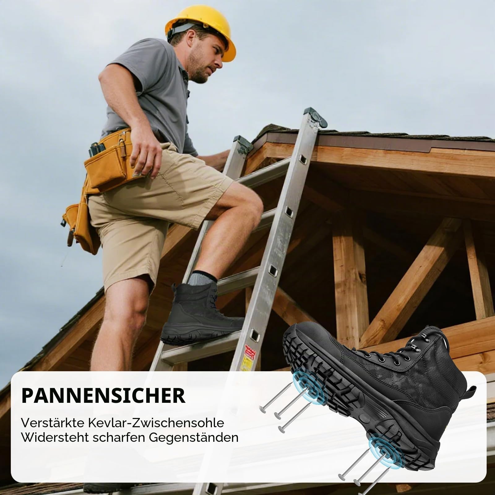 SPIEZ Sicherheitsschuhe Herren SB PL, Leichte Arbeitsstiefel mit Reißverschluss, Durchtrittsichere Sicherheitsstiefel Herren Bequeme Arbeitsschuhe, Schwarz