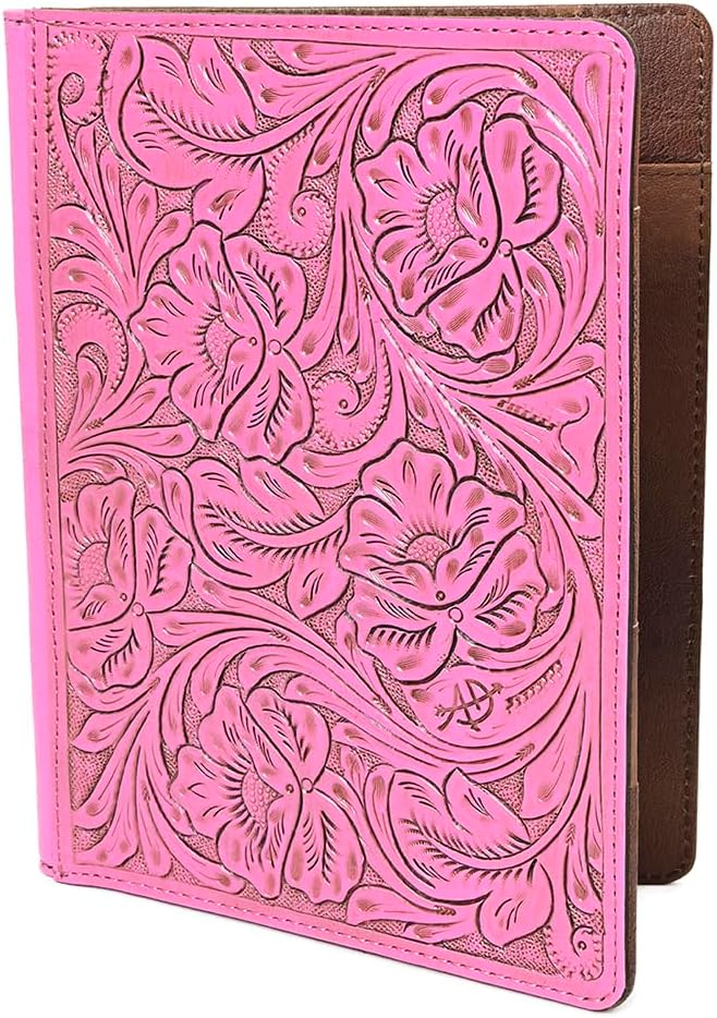 American Darling Pink Western Hand-Tooled Leather Portfolio – Floral Carved Genuine Leather Organizer for Work & Travel