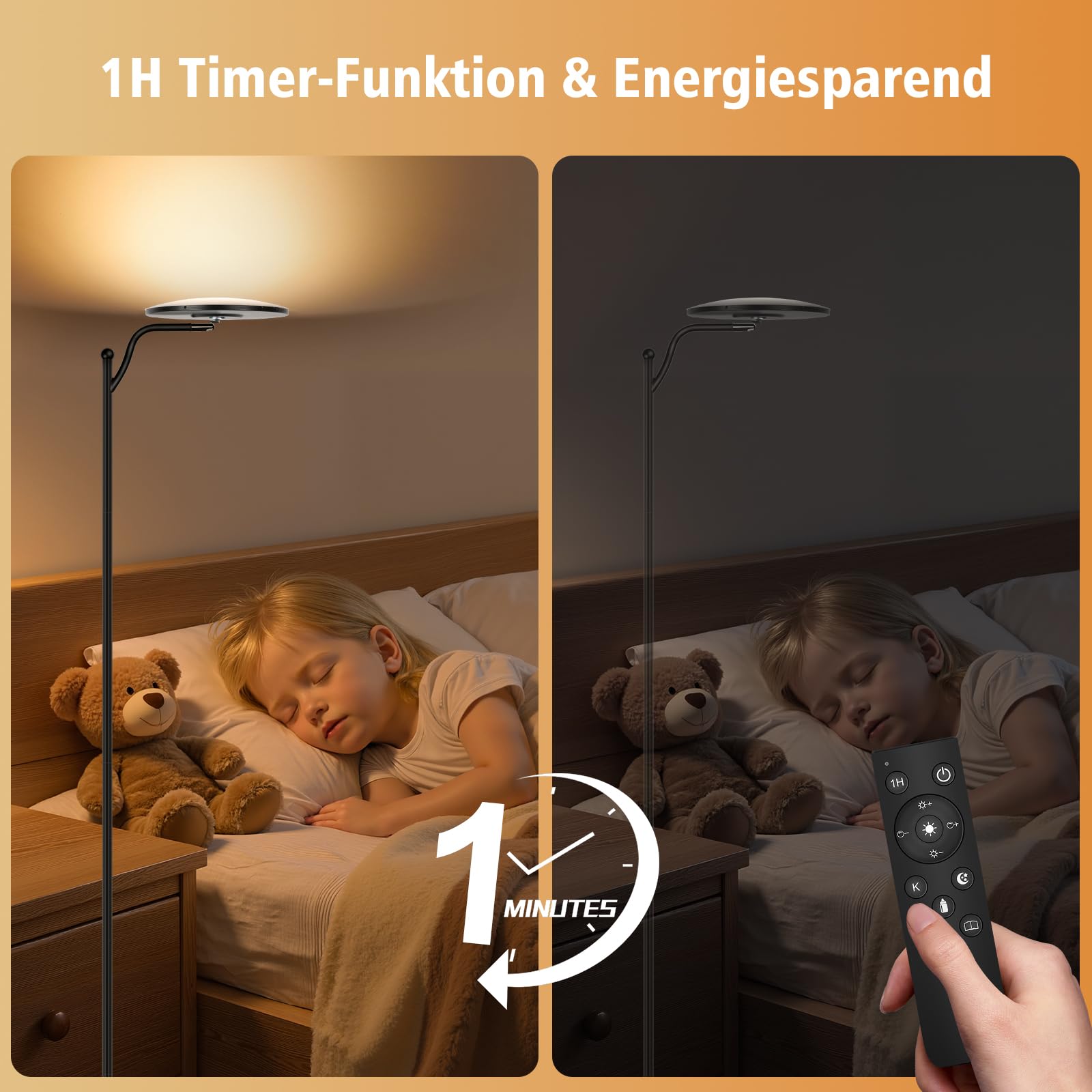 LED Stehlampe Wohnzimmer, 32W Deckenfluter LED mit Fernbedienung, 2700K-6500K Stufenloses Dimmen, Moderne Leselampe Stehleuchte für Wohnzimmer Schlafzimmer Büro, Schwarz, Energieeffiziente