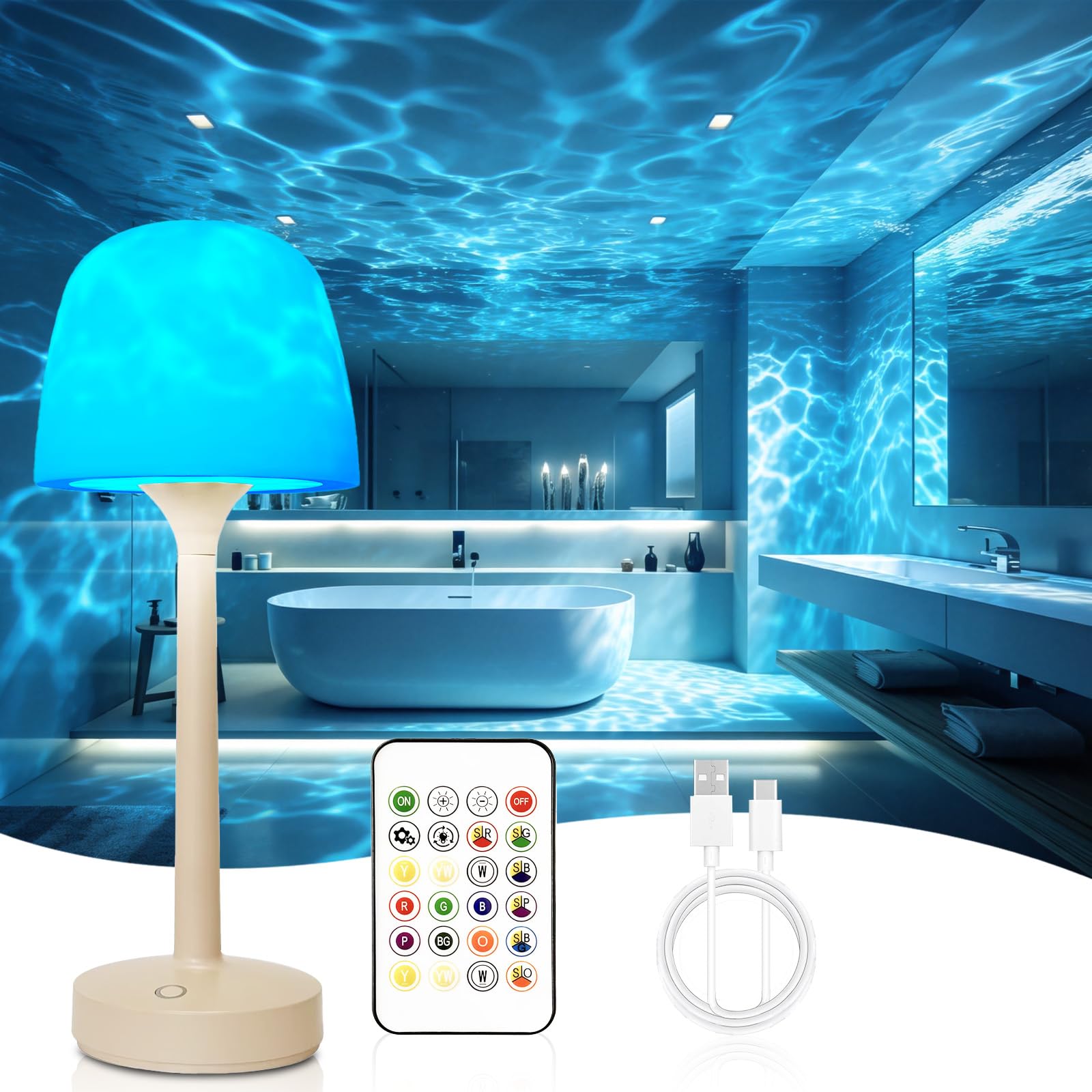 Waterproof Shower Lamp with 16 Colors Ocean Wave Projector, Rechargeable Cordless Bathroom Lamp, RGB Mood Light with Touch & Remote Control, IP65 Dimmable Table Lamp for Indoor Shower Outdoor Patio Ba