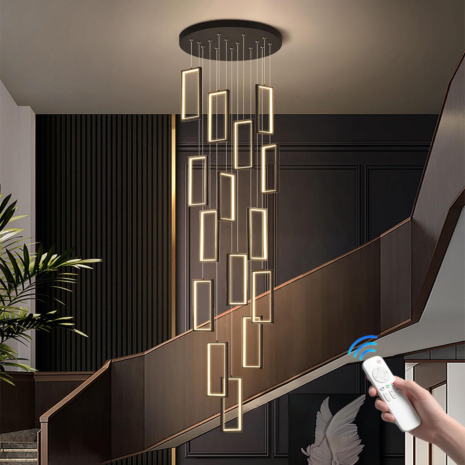 PCXEHUYP Rectangular Staircase,12/15/18 lights Large Dimmable Chandelier with Remote Control,300cm Adjustable Height Ceiling Light for Villa,High Ceiling,Foyer(12
