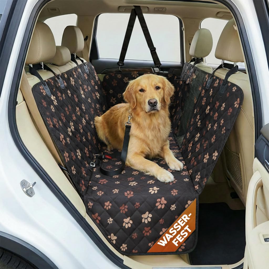 Hainberger Hundedecke Auto Rückbank Wasserabweisende Kratzfeste Autodecke für Hunde wasserdichte rutschfeste Autoschondecke mit Seitenschutz und Sichtfenster,4-in-1 Rücksitzschoner 137x147(mit Muster)