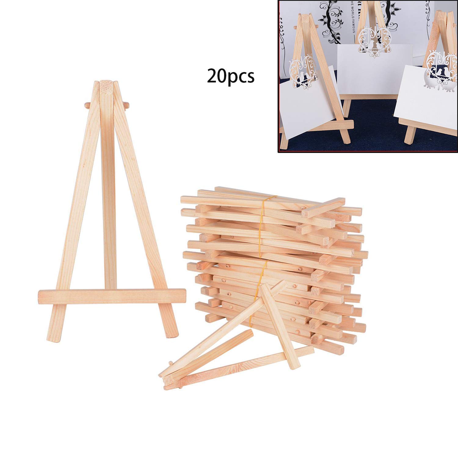 Wohlstand 20 pcs Wood Display Easel,15 x 8 cm,party sign photo memo holder place card name card table number holder stand for wedding birthday baby shower party & bar table setting
