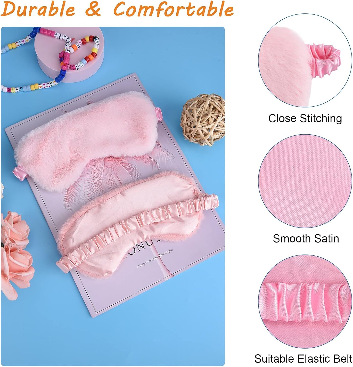 olyee 4 Pack Sleepover Eye Masks for Girls Kids Sleep Mask Party Favour Supplies Fluffy Stitch Sleep Masks White Pink Plain Sleeping Masks for Women Children Boy Teenage Set - Image 3