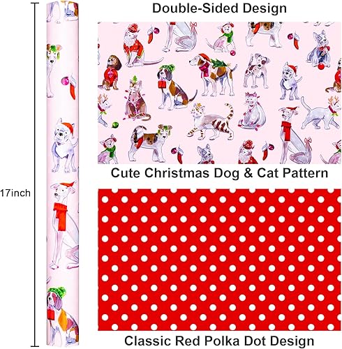 Miniatura 3 de MAYPLUSS Paquete de papel de regalo navideño rosa para mascotas, envoltorio navideño para perros y gatos, diseño de lunares con perritos y gatitos