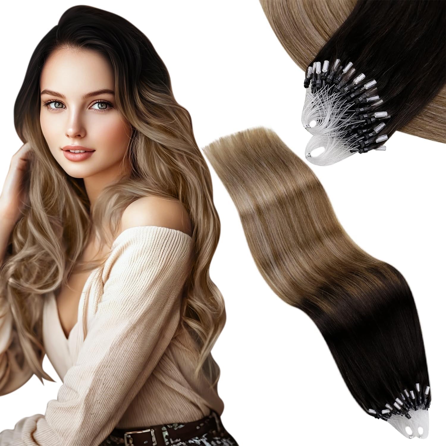 RUNATURE 18 Inch Nano Hair Extensions Real Human Hair Black Balayage Brown Nano Beads Hair Extensions Real Human Hair Ombre Blonde Invisible Straight Remy Nano Rings Hair 50g 50s #1b/4/27 — view 57