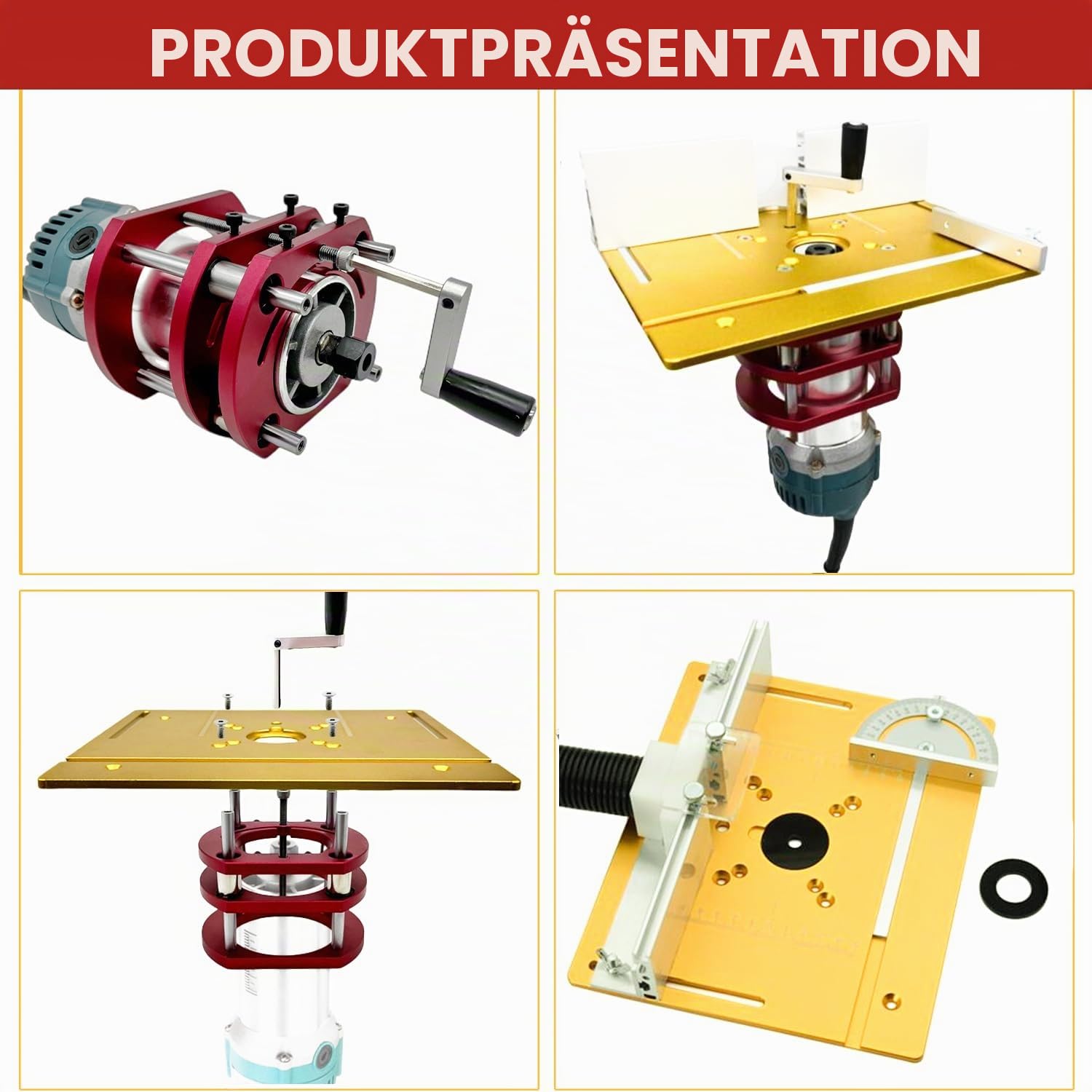 Frästisch für Oberfräse Einlegeplatte Set, OberfräSentisch und Tischfräsmaschine, Router Table, Planfräsvorrichtung, Maximum Lift 51mm, TischfräSe zum Nuten Zapfenschneiden BesäUmen(Gold+Rot)