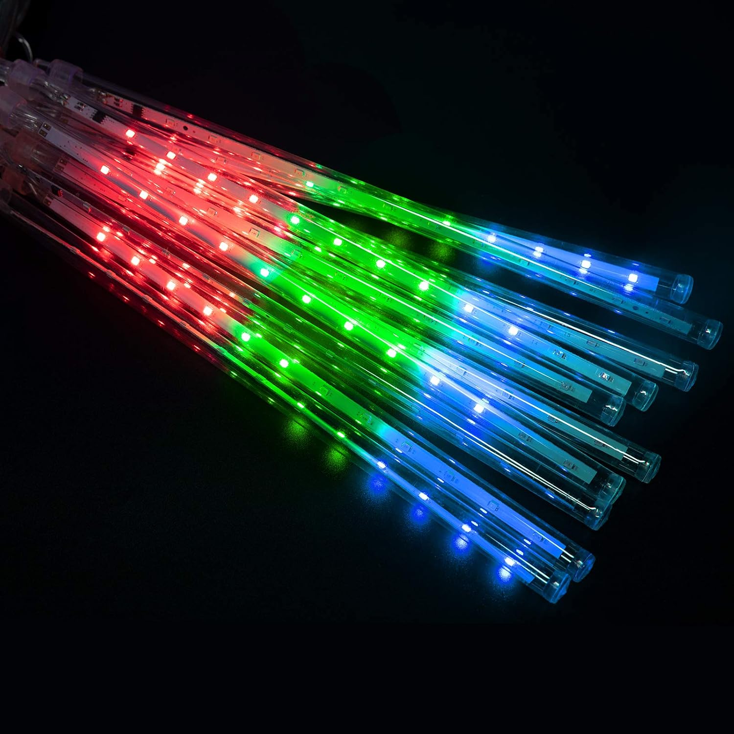 Close-up of LED strips inside transparent tubes