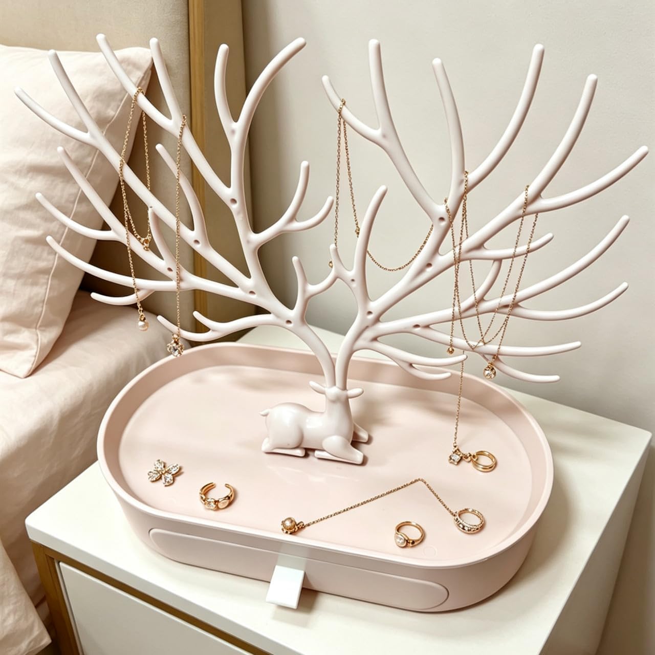 Antlers Jewelry Tree Display Stand with Tray, Tree Tower Necklaces Storage Rack Bracelets Hanging Organizer for Rings, Earrings (Pink)