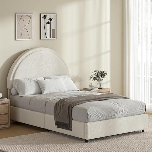 Miniatura 7 de Base de cama de tamaño matrimonial, marco de cama tapizado Boucle con cabecero, estilo moderno, cama de plataforma suave con cabecera redonda, no