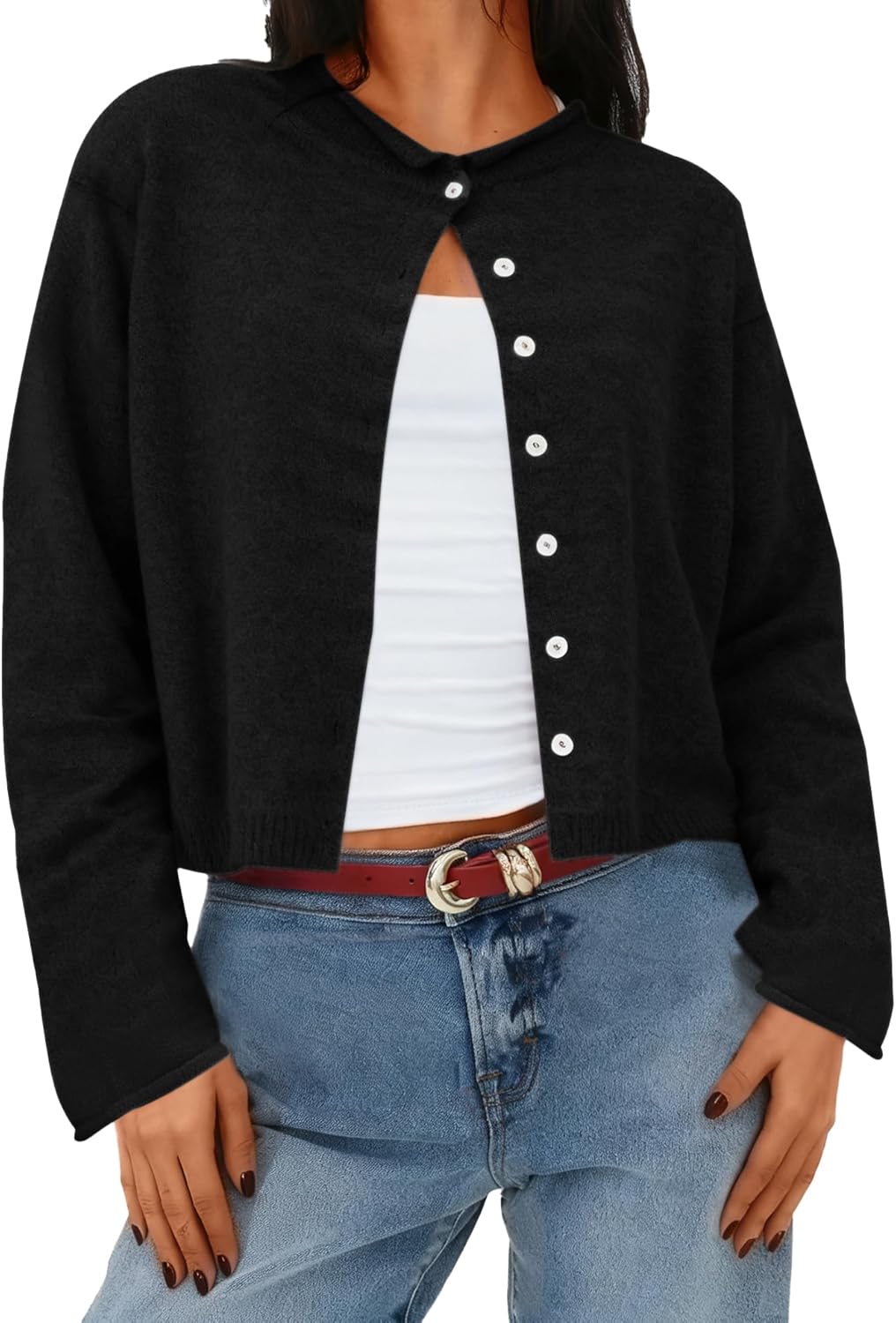 AKEWEI Cropped Cardigan Sweaters for Women Crewneck Long Sleeve Button Down Open Front Tops