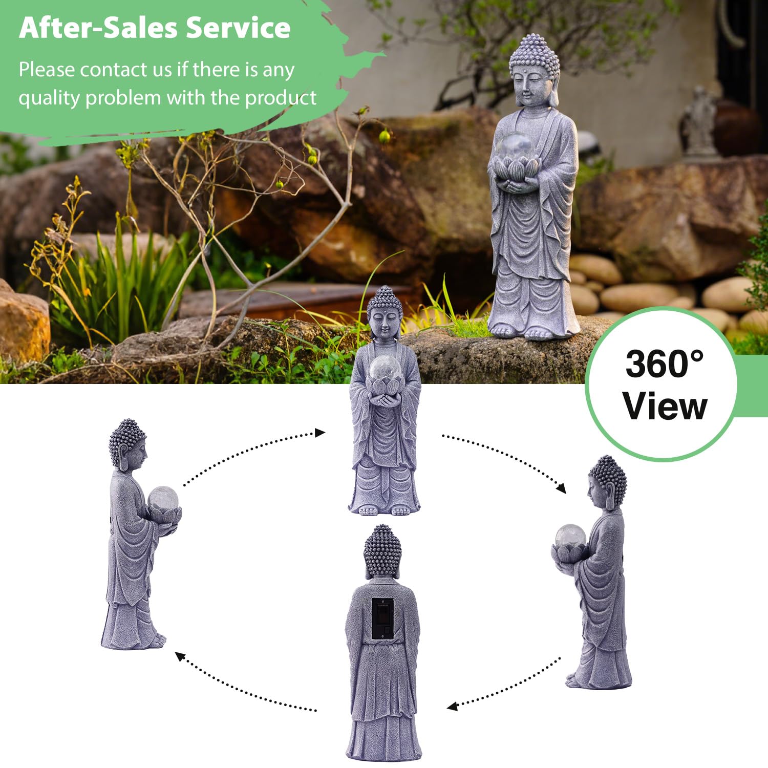 Yeomoo Solarna figurka Buddy, wysokość 46 cm, z efektem crackle LED, duża duchowa dekoracja do ogrodu Zen, medytacji, jogi i Feng Shui, prezent dla kobiet/mamy (ogród, taras, salon), szara