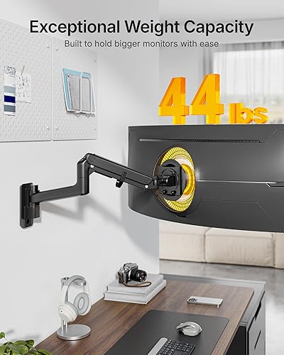 Miniatura 2 de monTEK Soporte de pared para monitor único de 17 a 49 pulgadas para pantalla ultraancha de hasta 44 libras, brazo de monitor de aluminio resistente