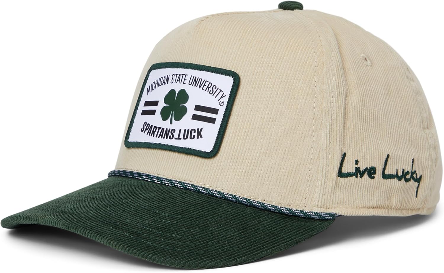 Black Clover Standard Michigan State Legacy Adjustable Snapback Hat, Natural/Dark Green/Corduroy with Rope HD Patch