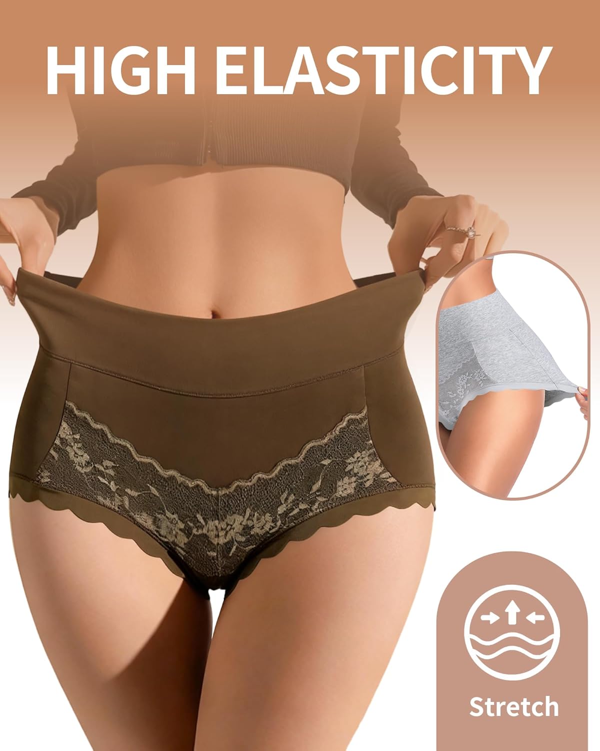 Annenmy Womens Cotton High Waisted Underwear Full Coverage Lace Panties Scalloped Edge Briefs 5 Pack Regular & Plus Size - Image 5