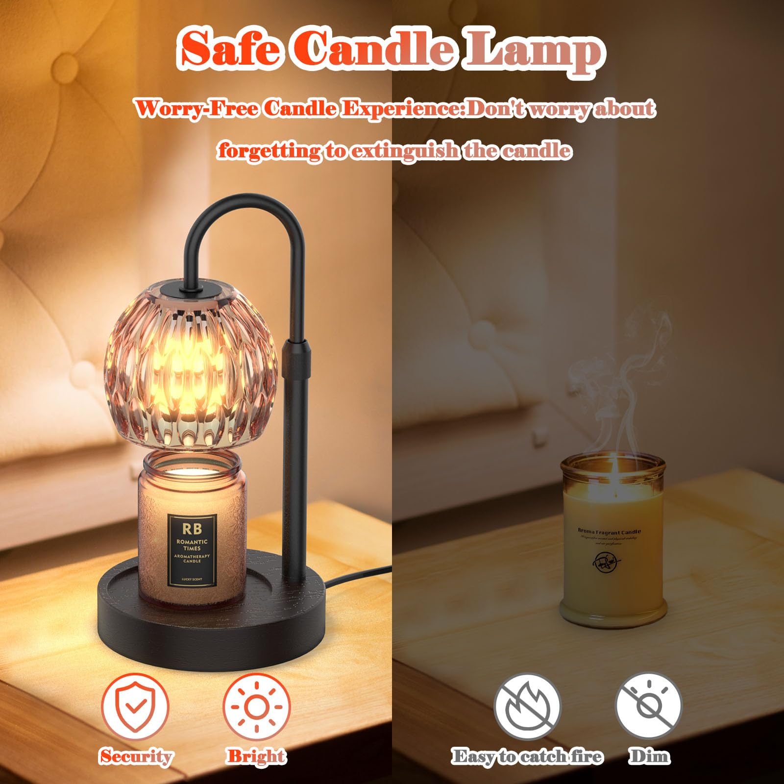 RAINBEAN Candle Warmer Lamp with Dimmer/Timer/Adjustable Height,Electric Candle Lamp Warmer for Jar Candles,Home Decor Valentines Day Gifts for Daughter/Mom/Women(Black) - Image 4