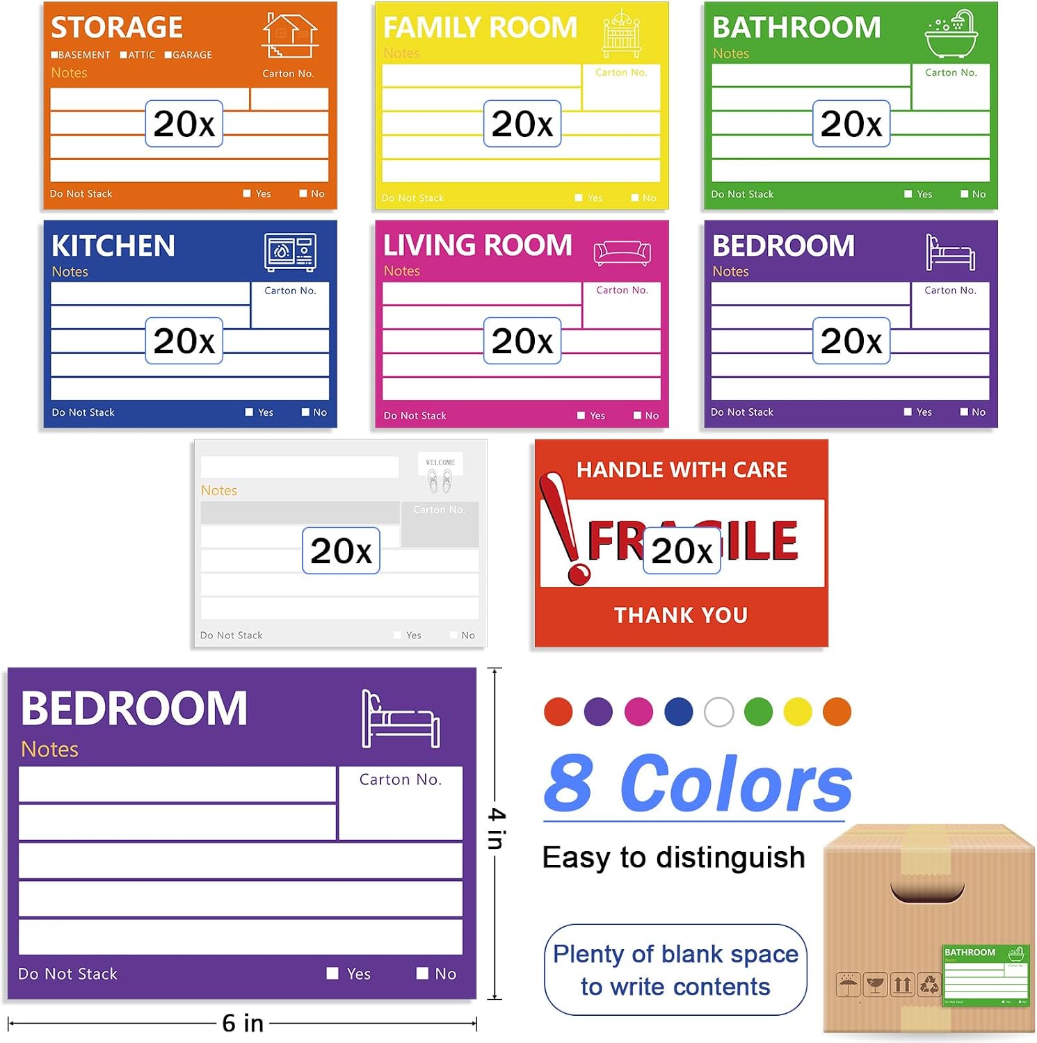 6 x 4 in Large Moving Labels for Boxes, Home Moving Packing Color Coded Stickers Supplies Labels with Writable Notes Areas, Fragile Blank Moving Boxes Stickers 160pcs image 3