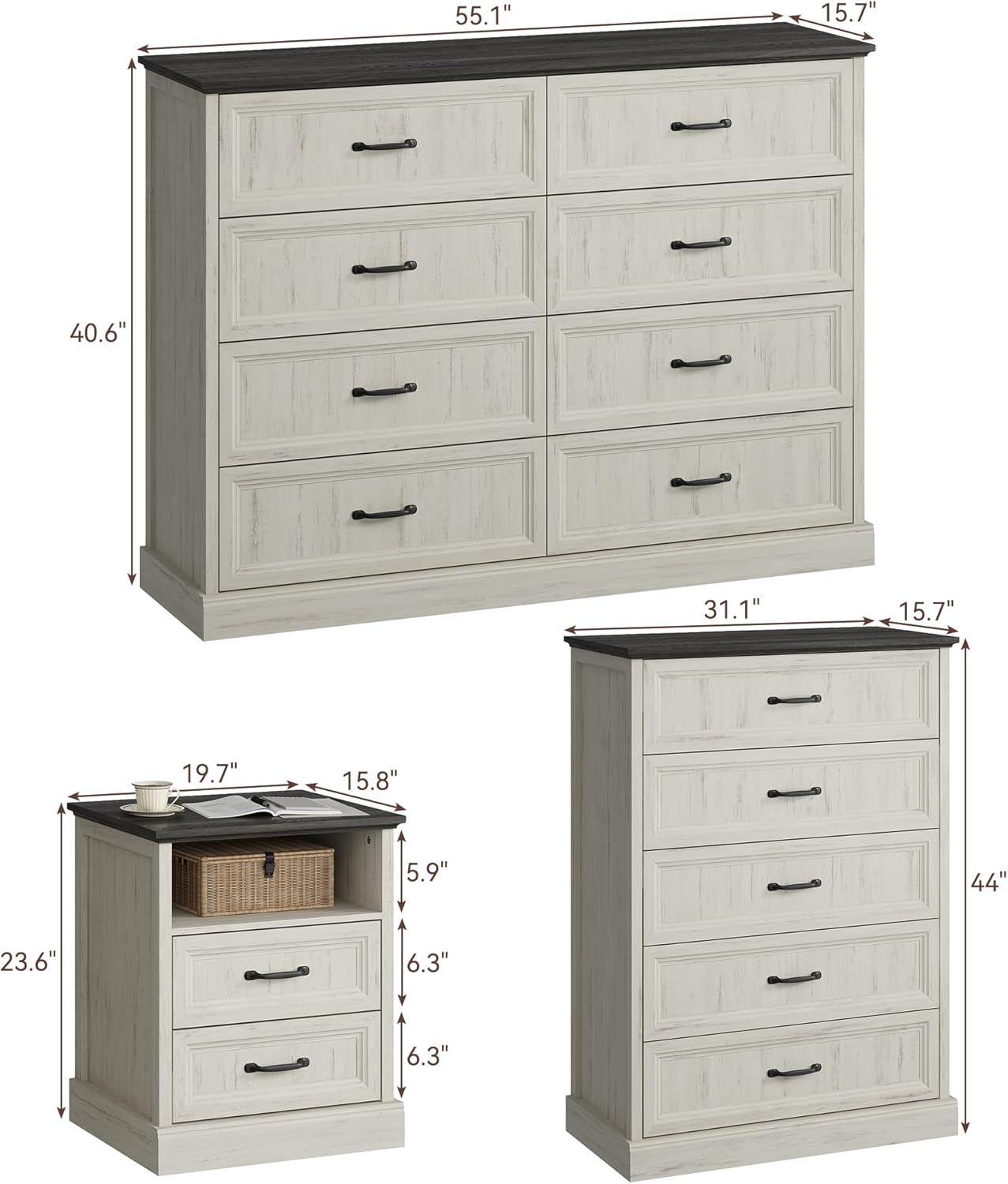 CARPETNAL Farmhouse Dresser and Nightstand Sets for Bedroom, 4 Pcs Bedroom Set, 5 Drawer & 8 Drawer Dresser and Nightstand Set of 2, Wood Chest of Drawers for Living Room, Entryway, White