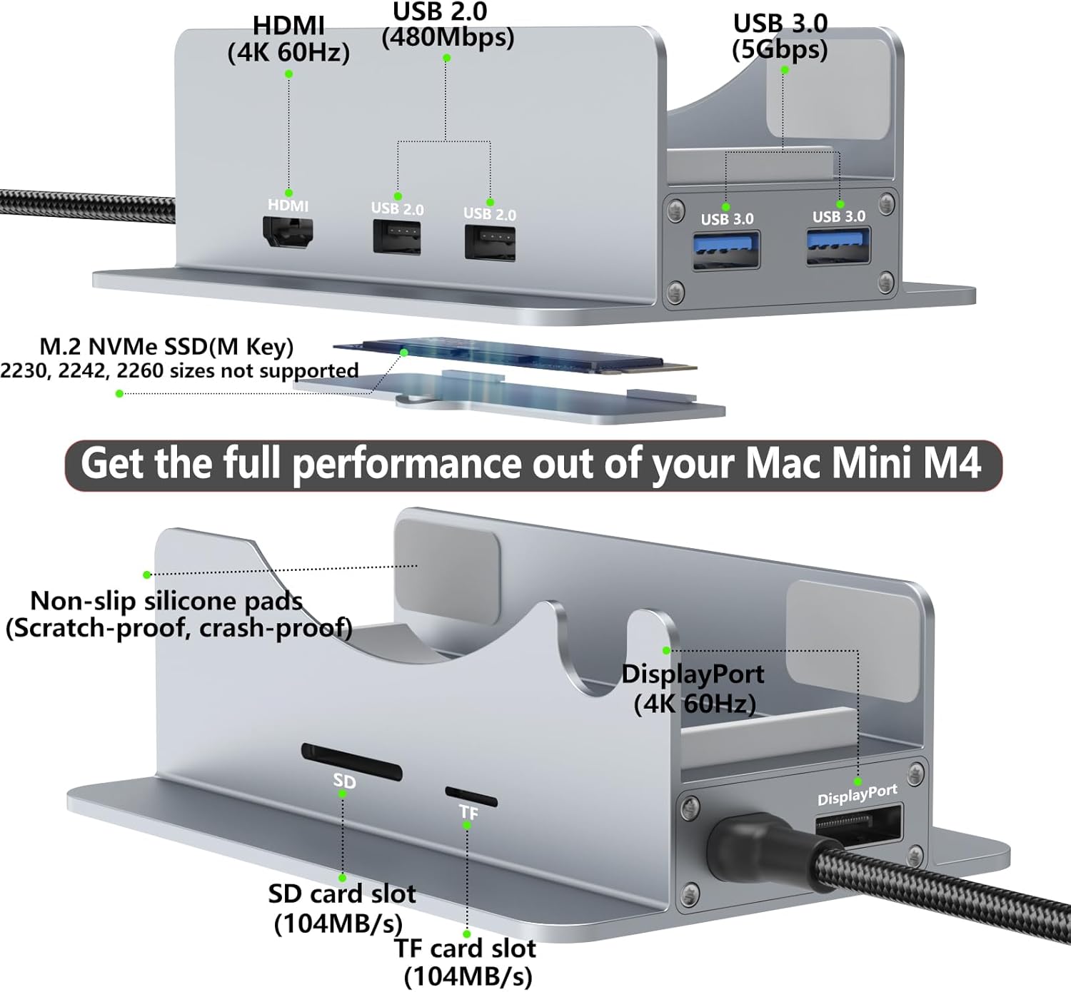Mac mini M4 Dock & Stand with 4K60Hz HDMI and DisplayPort, M.2 NVMe SSD Enclosure, 4 USB-A Ports, SD/TF Card Reader 9 in 1 Hub for Mac mini M4/M4 Pro - Silver