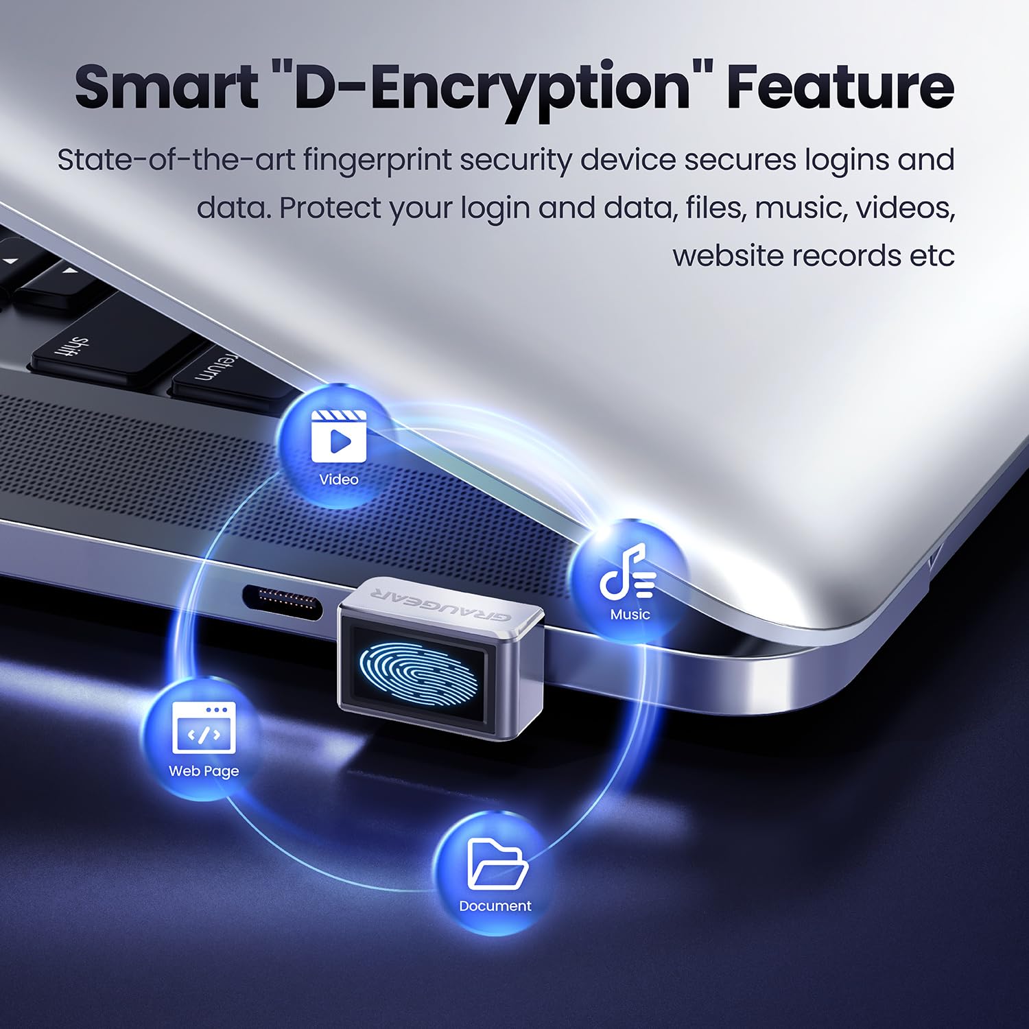 GRAUGEAR Capteur d'empreintes digitales USB pour PC [Keylogger] Fingerprint USB Passkey | Serrure biométrique tactile à 360° pour PC, prend en charge Windows 11 Hello, jusqu'à 10 empreintes par compte utilisateur