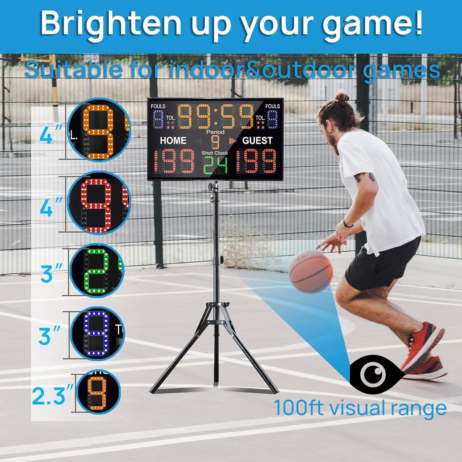 YZ LED Basketball Scoreboard in an outdoor setting, highlighting its bright display and 100ft visual range.