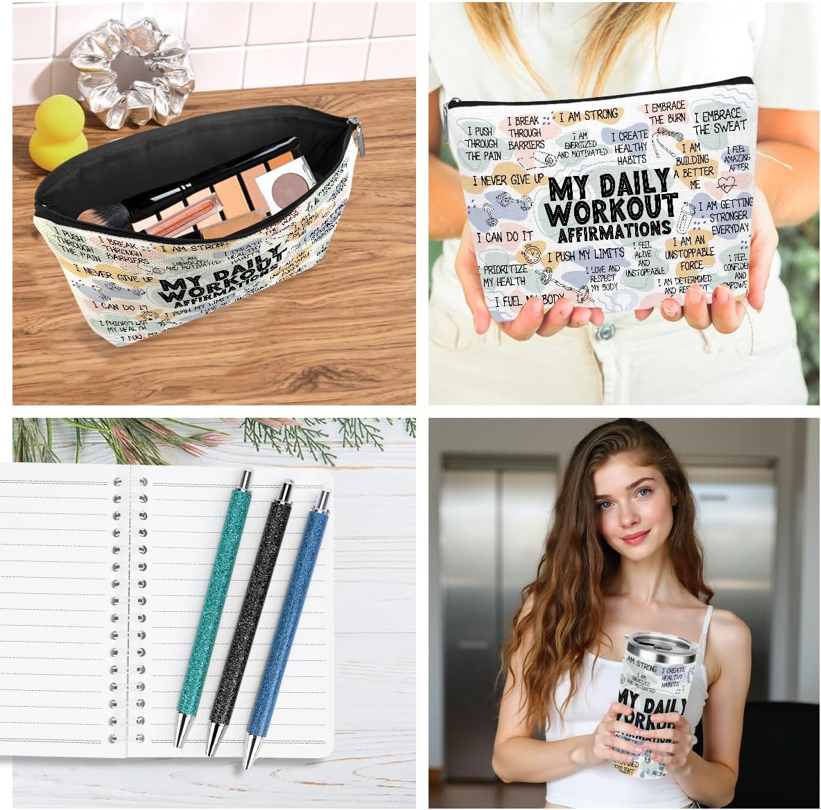 Daily Affirmations for Women Workout Encouragement Mental Health Inspirational Gifts for Women Coworker Boss Birthday Friendship Christmas, Office 6PCS 20oz Tumbler Makeup Bag Ballpoint Pen Notebook