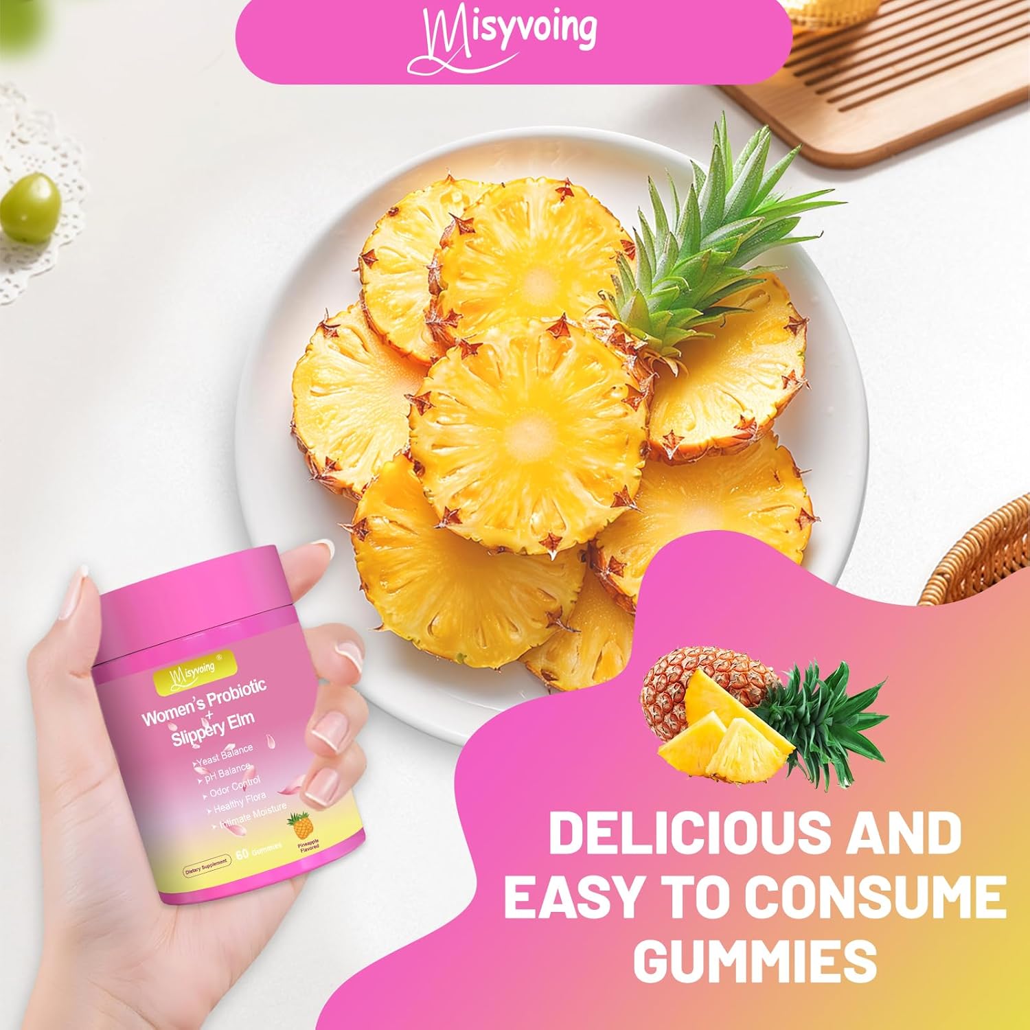 Her Juicy Feminine Probiotics Gummies for pH Balance - Slippery Elm, Lactobacillus Blend - Gut & Immune Support - Pineapple Gummies, 60 Count (Pineapple) - Image 4