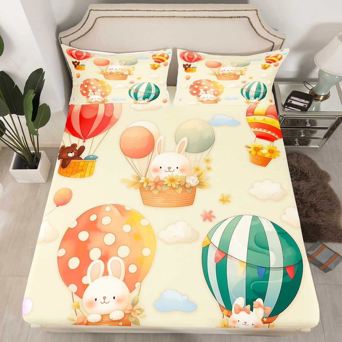 Castle Fairy Pug Dog Bedding Sheet Set Queen Size for Kids Teen Bedroom Decorations, Cute Brown Puppy Print Deep Pocket with 2 Pillow Shams, Kawaii Animal Theme Fitted Sheet for Festival Gift