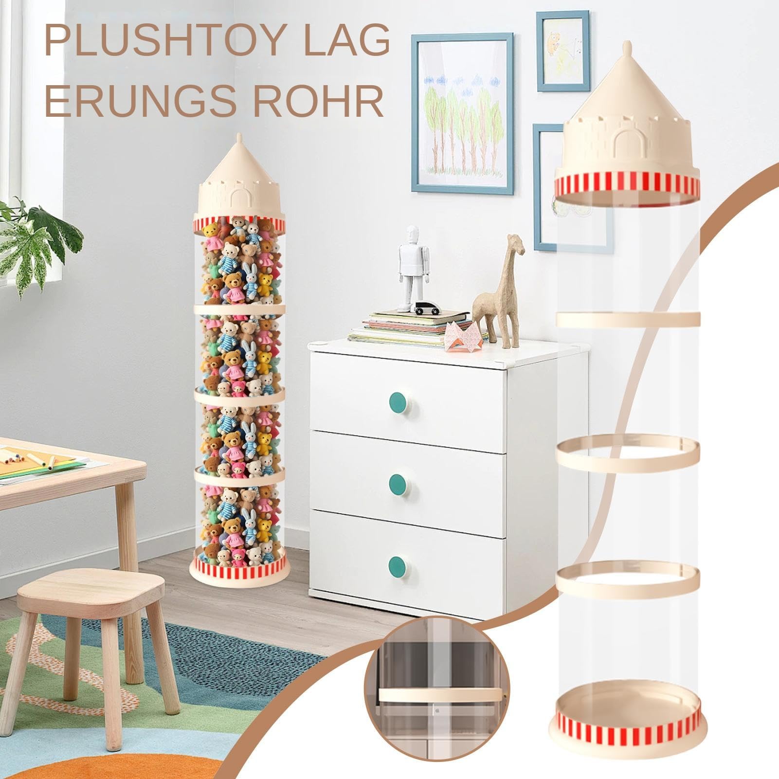 Plush Toy Storage Tube - Cuddly Toy Storage Visible - Dustproof Decorative Castle Toy Tube for Classroom, Living Room, Children's Room, Playroom, Dorm, Garage