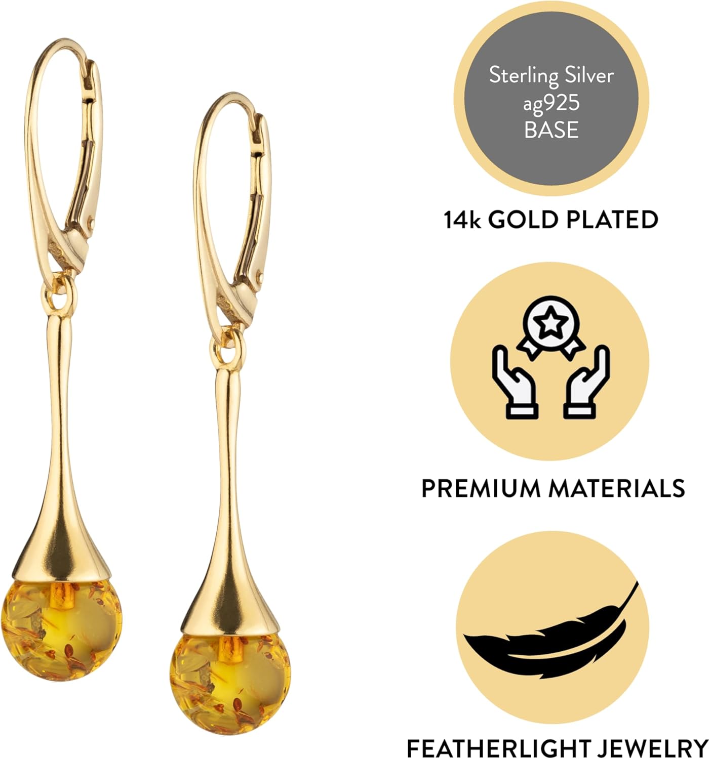 Ball Bead Earrings for Women – Gold-Plated 925 Sterling Silver Drop Earrings with Natural Baltic Amber, Lightweight Dangle Jewelry Gift for Everyday Elegance - Image 3